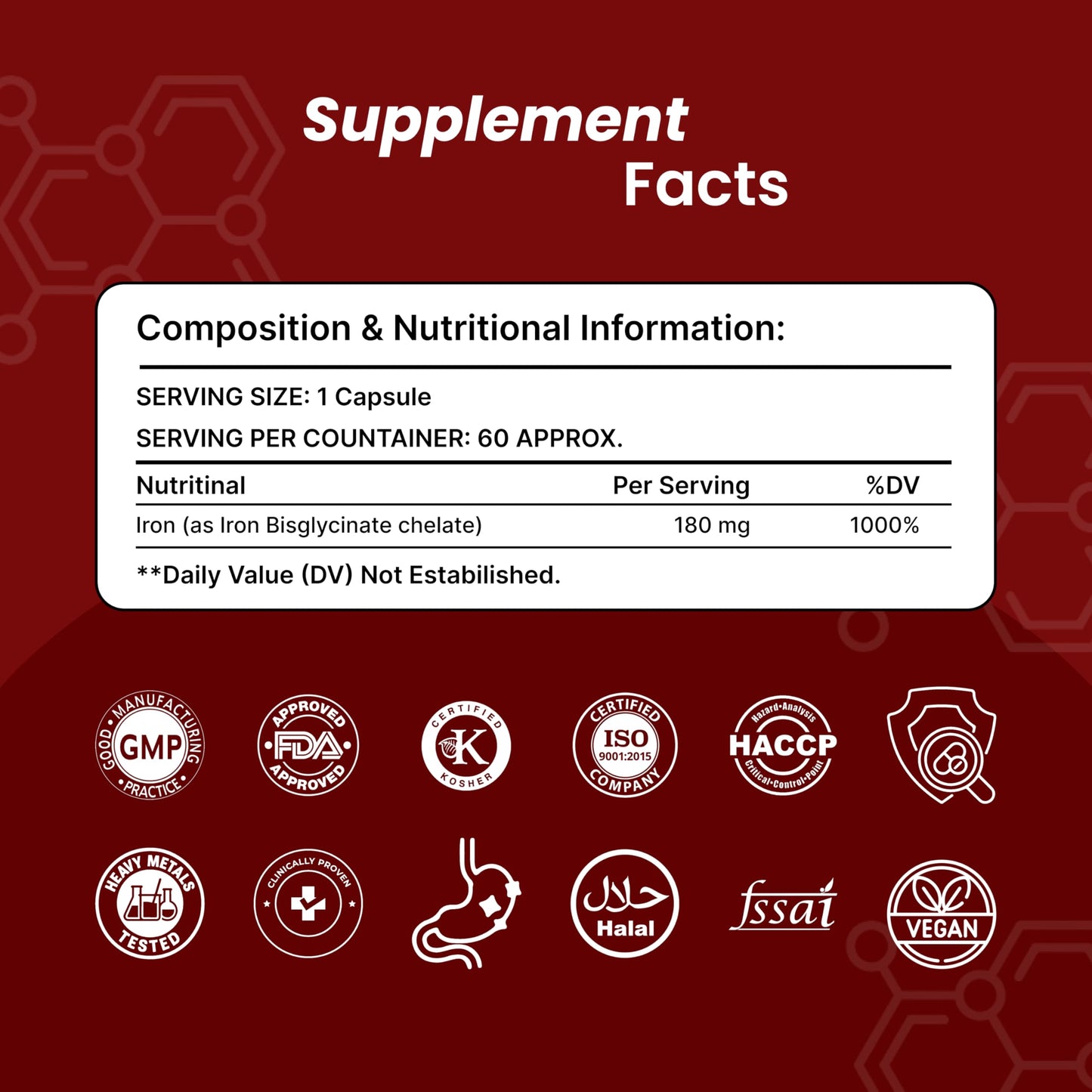 ORIBITE Iron Bisglycinate 180mg High Potency Iron Supplement – 60 Veg Capsules