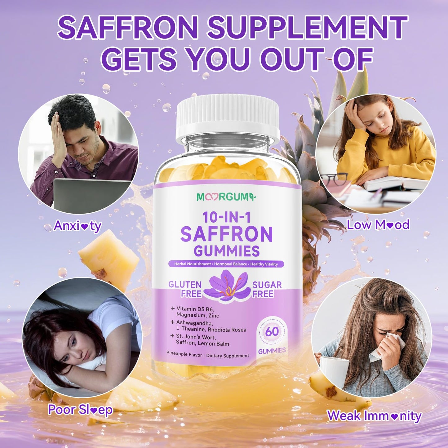 MOORGUMY Saffron Gummies for Adult Kids, 10-IN-1 Cortisol Support Supplement with Saffron 88.5mg, Vitamin D3, B6, Magnesium, Zinc, Ashwagandha, L-Theanine, St. John's Wort, For Emotions, Slumber, 60 Gummies