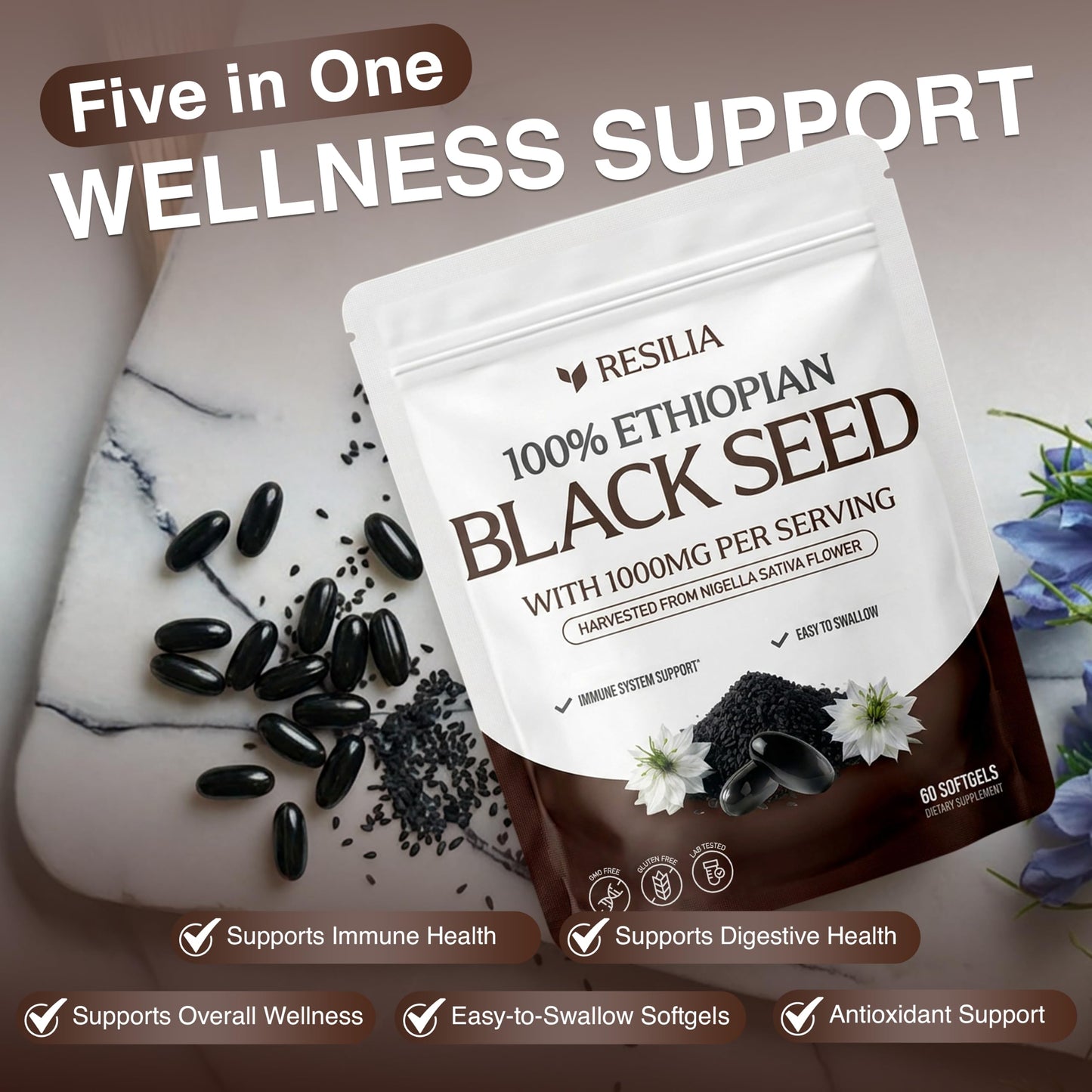 Resilia Oil Of Oregano Ethiopian Black Seed Oil Capsules 1000mg Per Serving, Digestive & Immune Support, 120 Capsules