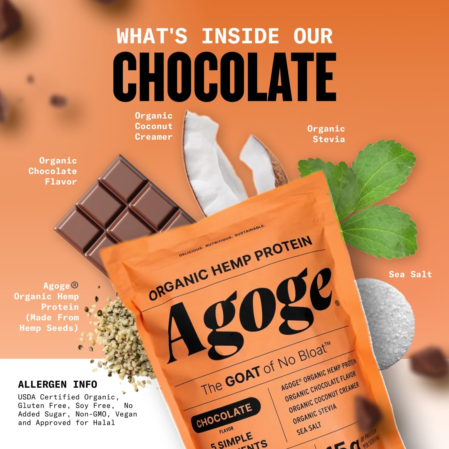 Agoge USDA Organic Hemp Protein Powder, Chocolate Flavor, 20 Servings