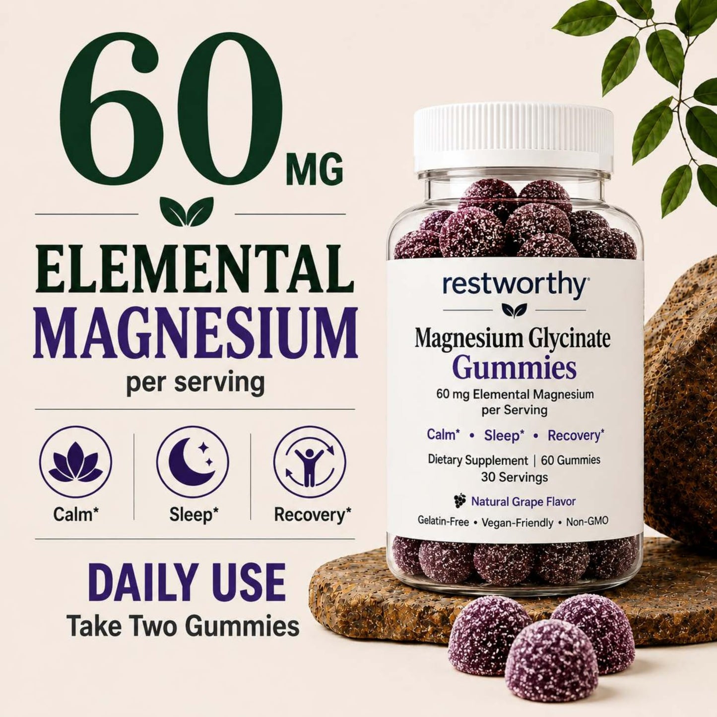 Restworthy Magnesium Glycinate Gummies for Sleep, Relaxation & Calm Support, 60 Gummies