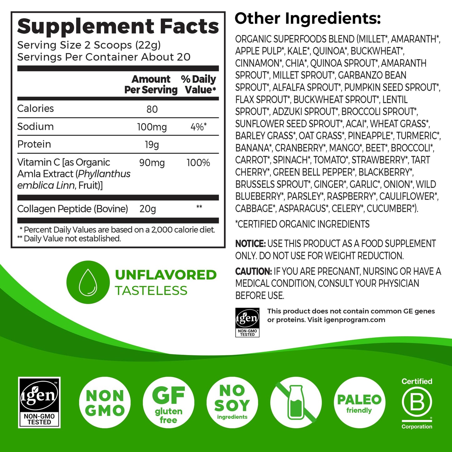 Orgain Hydrolyzed Collagen Powder + 50 Organic Superfoods For Women & Men, 20g Grass Fed Collagen with Vitamin C, Unflavored - Hair, Skin, Nail, & Joint Support Supplement, Non-GMO, Type I & III, 16