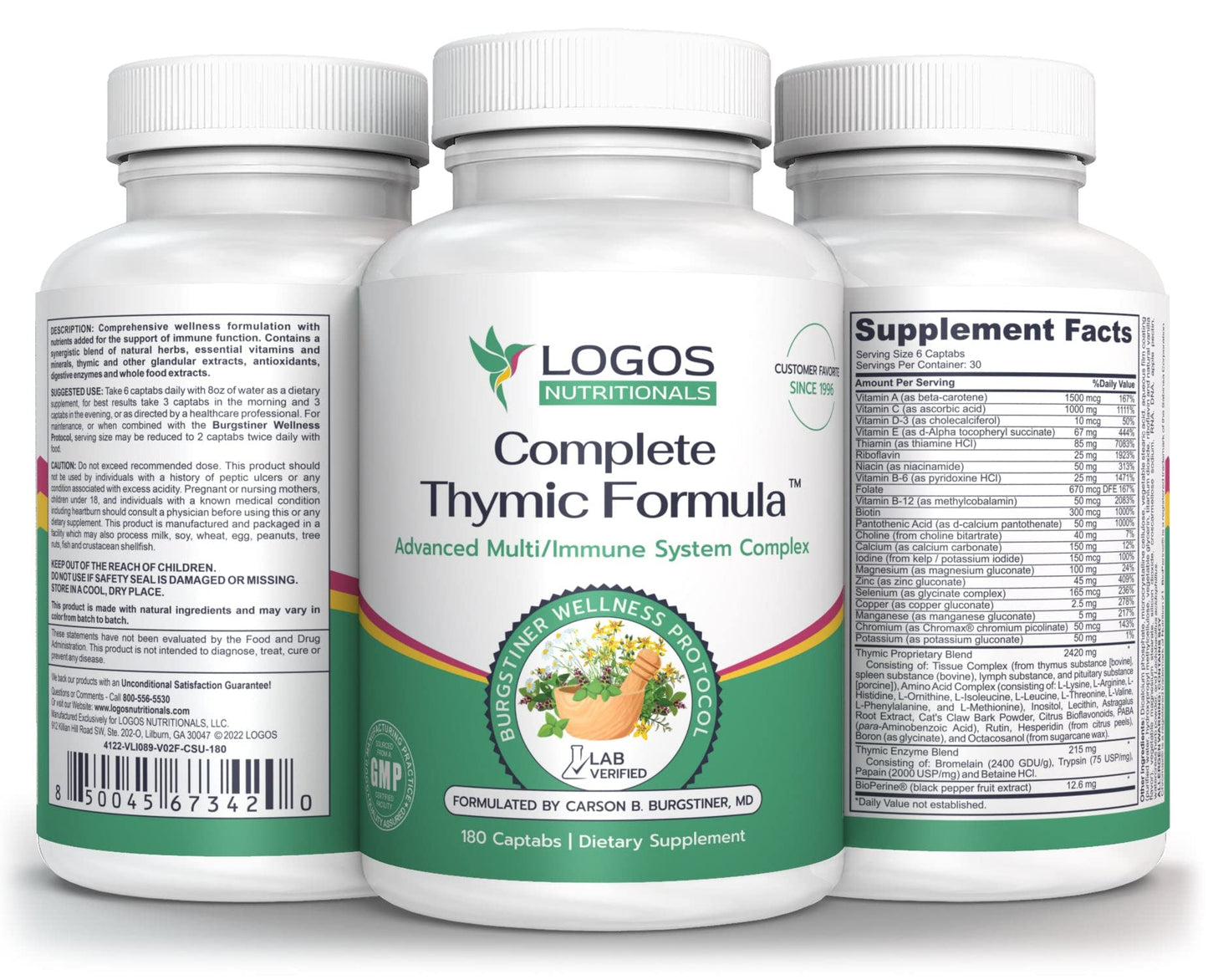 logos nutritionals Complete Thymic Formula™, Comprehensive Multivitamin & Multimineral with Thymus Glandular Extracts Capsule, 180 Count