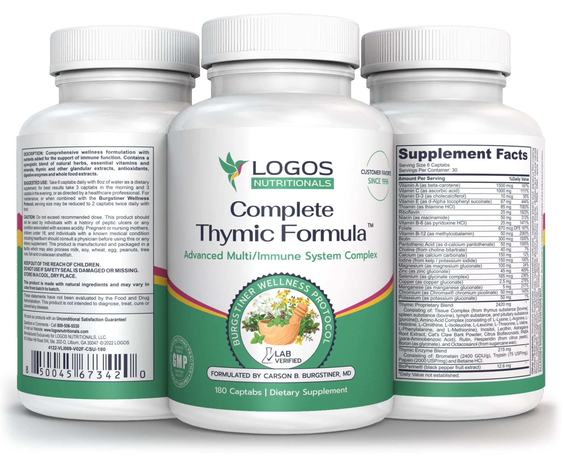 logos nutritionals Complete Thymic Formula™, Comprehensive Multivitamin & Multimineral with Thymus Glandular Extracts Capsule, 180 Count