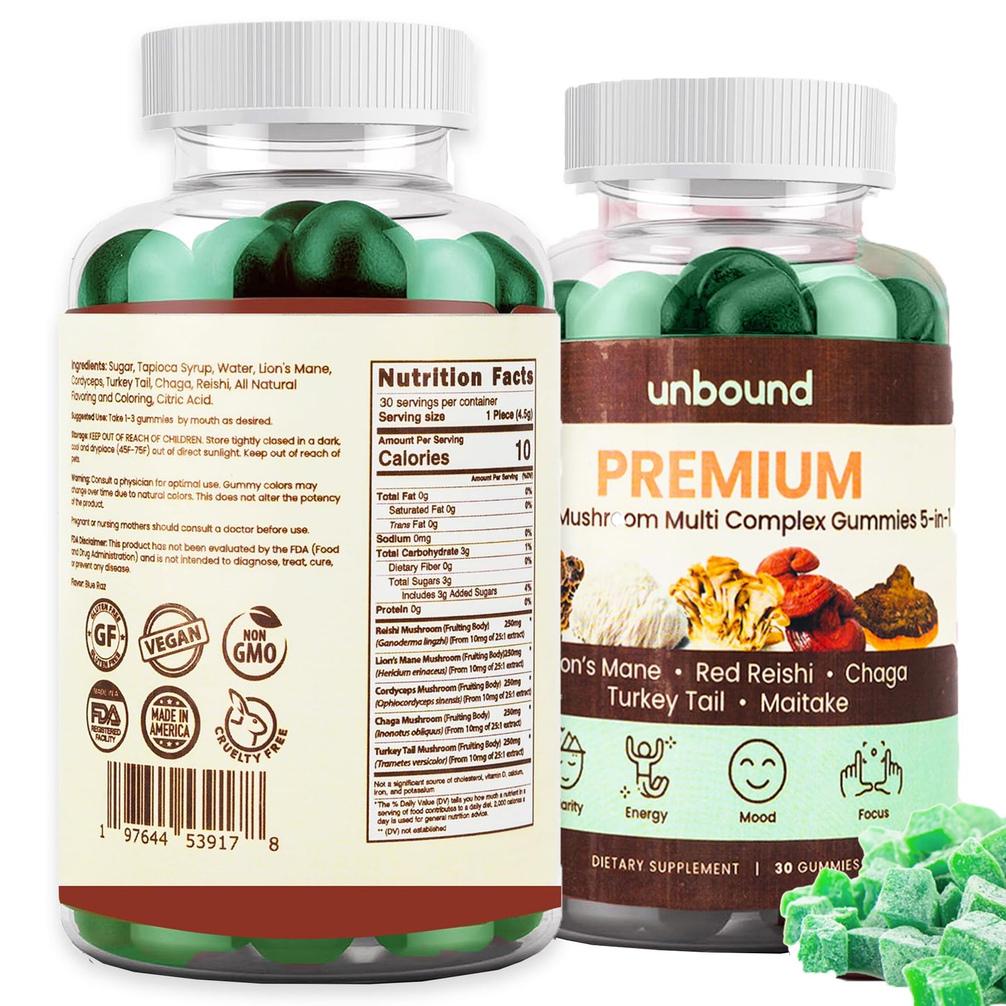Unbound Mushroom Gummies Premium Organic Mushroom Multi-Complex for Memory Support 5-in-1 Gummy, 60 Count