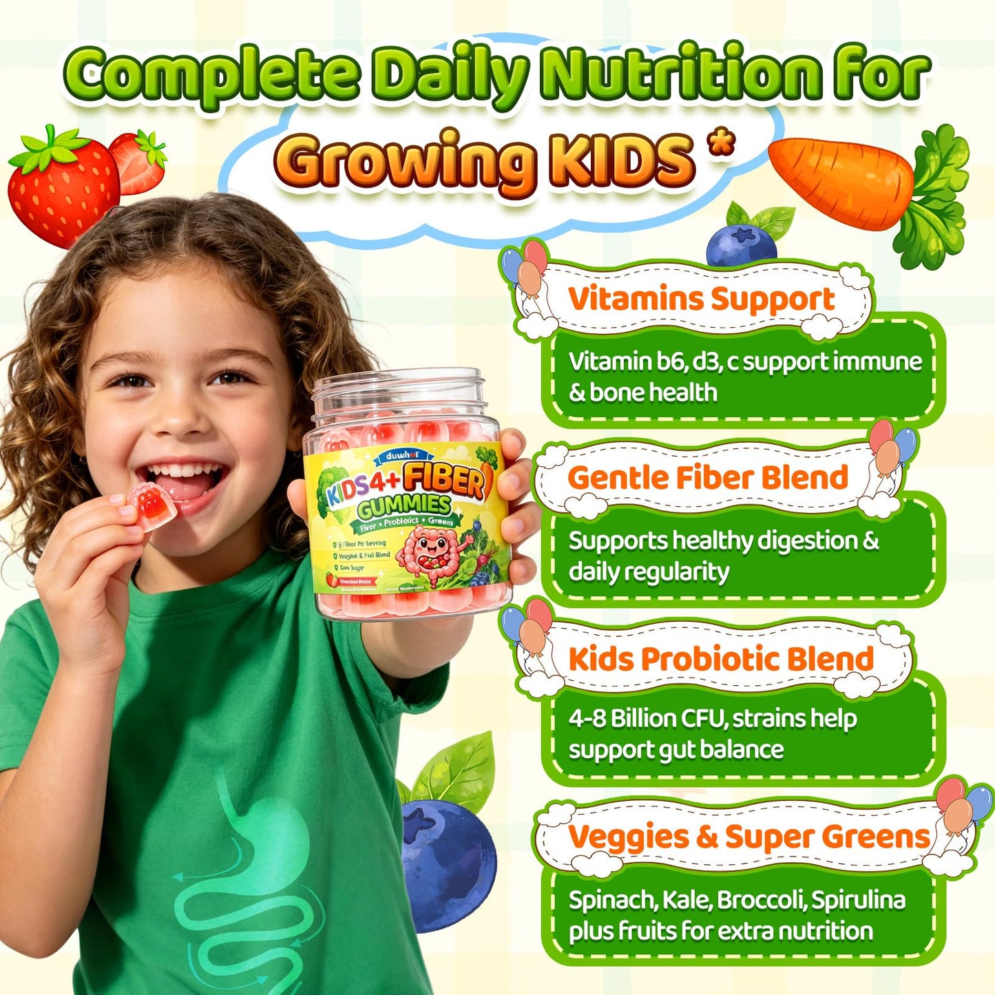 duwhot Kids Fiber Gummies Prebiotic Fiber Supplement with Probiotics, Vitamin C, D3 & B6, Veggies, Sugar Free, Strawberry Flavor, 60 Gummies
