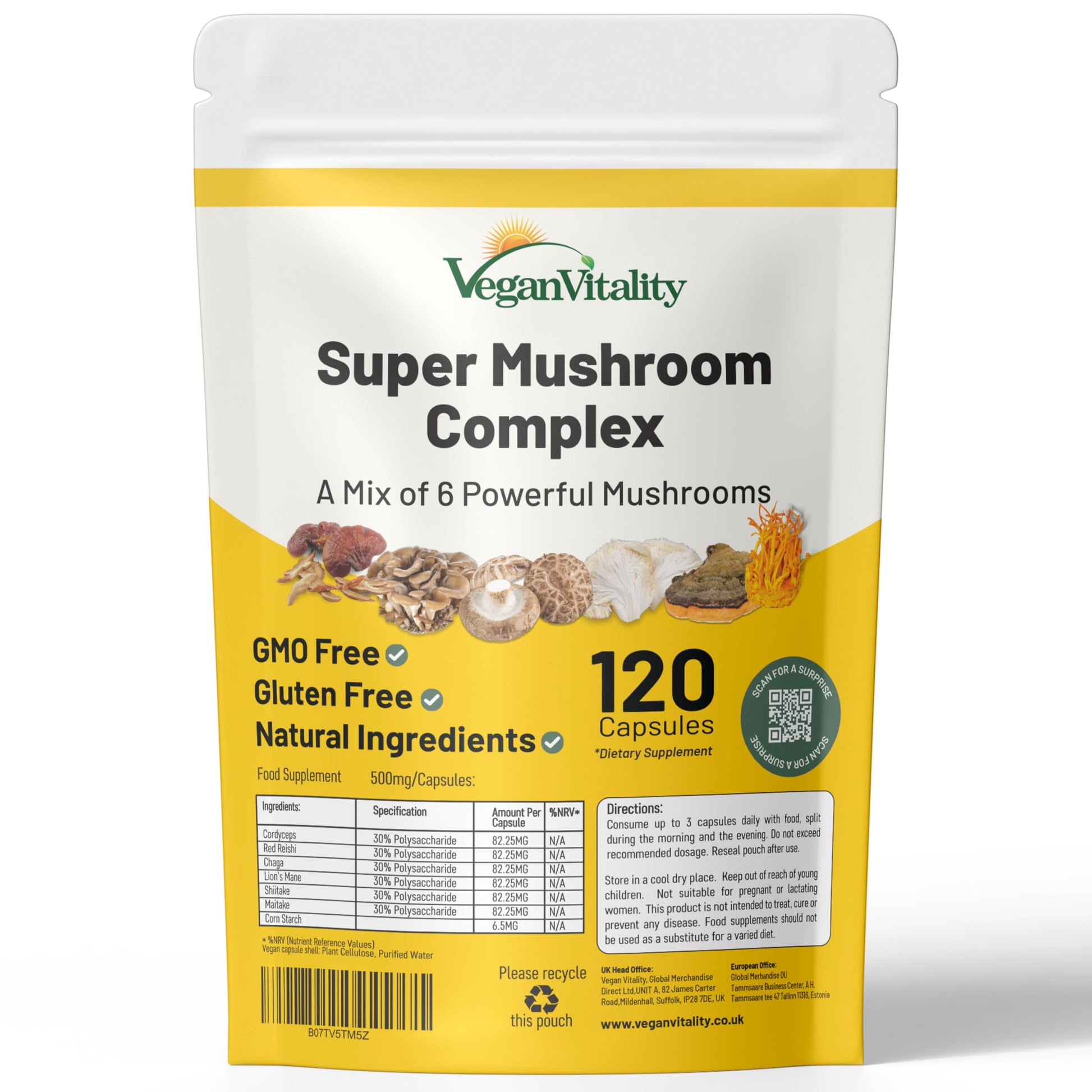 Vegan Vitality Multi Mushroom Supplement Complex Capsules, 60 Count
