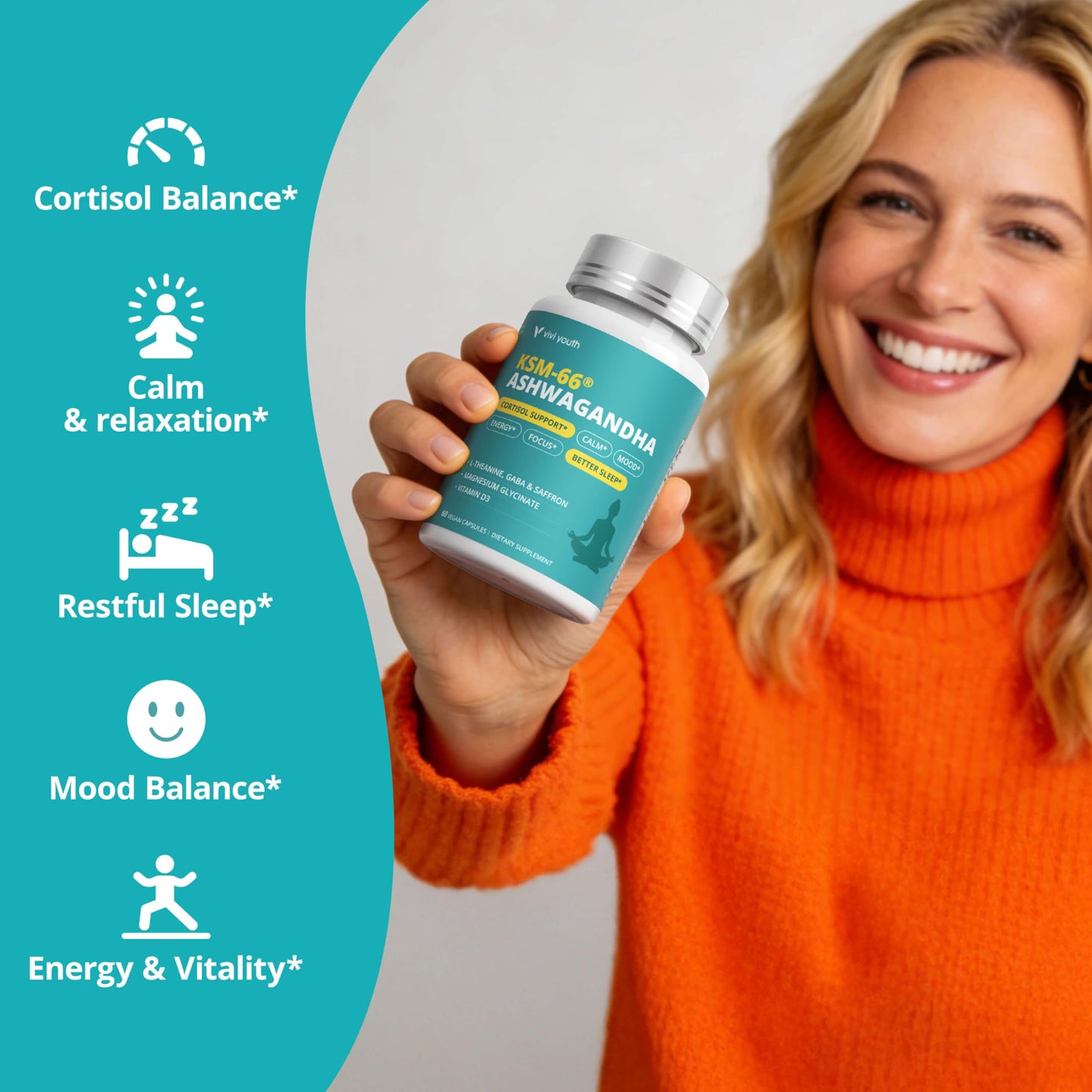 VIVI Youth Cortisol Supplement with KSM-66® Ashwagandha & L-Theanine - Advanced Formula with GABA, Saffron, Magnesium Glycinate & Vitamin D3 for Calm Focus, Mood Balance, 60 Capsules