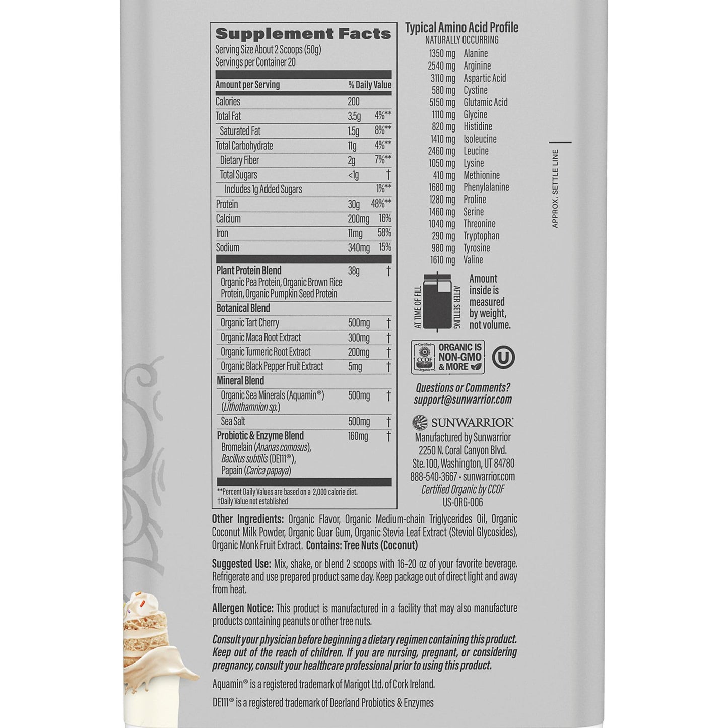 Sunwarrior Vegan Protein Powder USDA Organic, 49.3 Servings