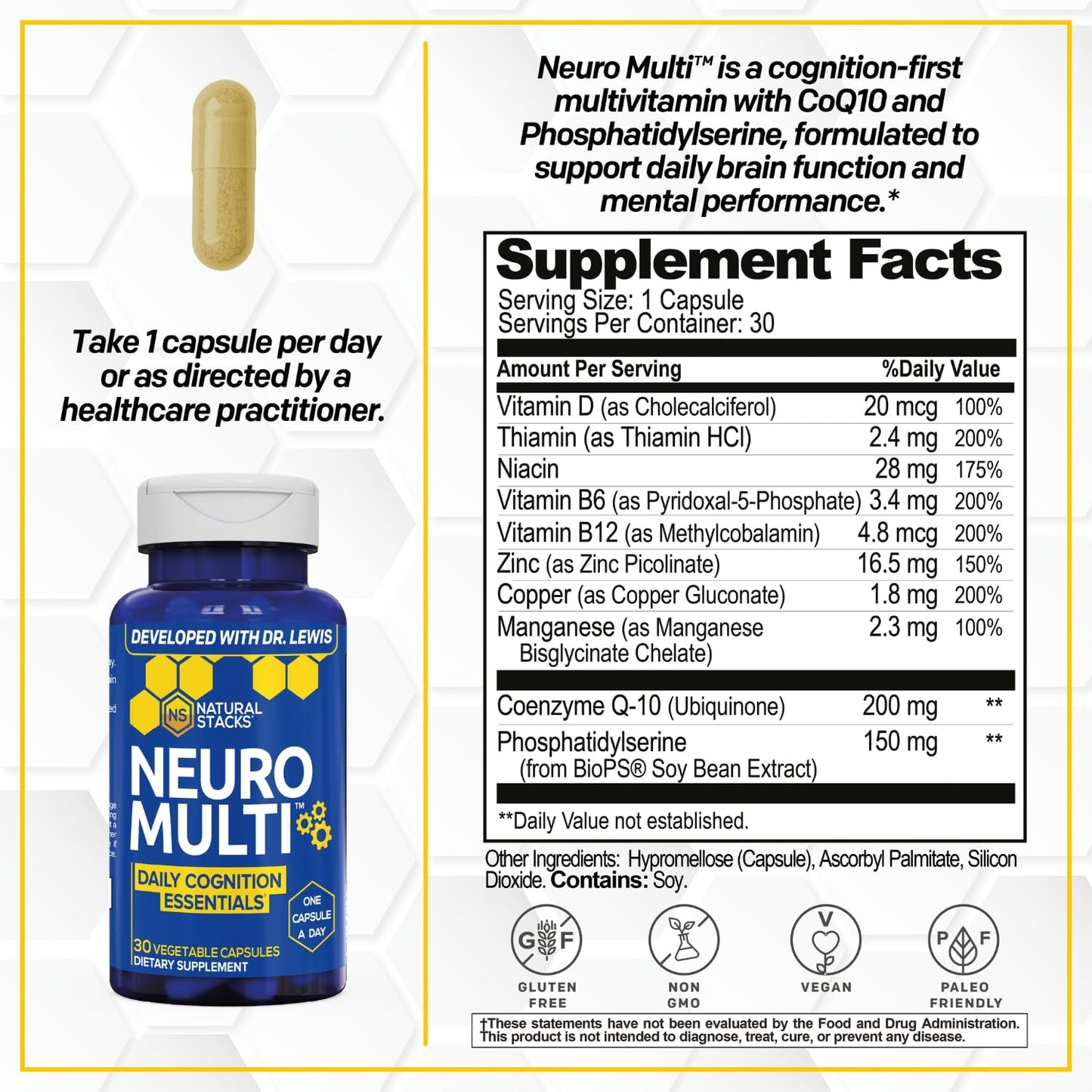 Natural Stacks NeuroMulti Daily Multivitamin For Women & Men With 200mg CoQ10 Capsule 1 Count