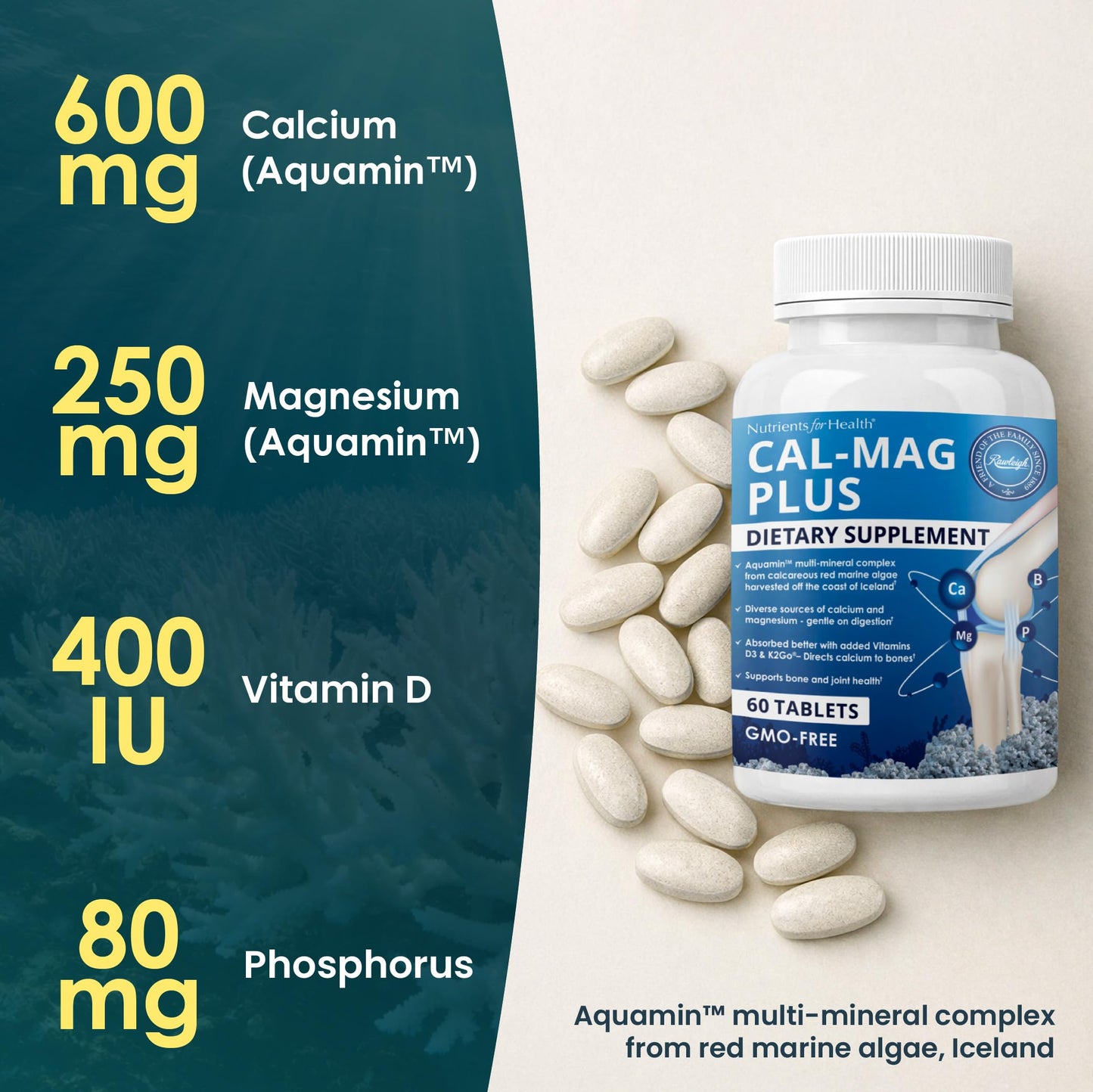 Rawleigh Calcium Magnesium with Aquamin Marine Algae Caplets 60 Count