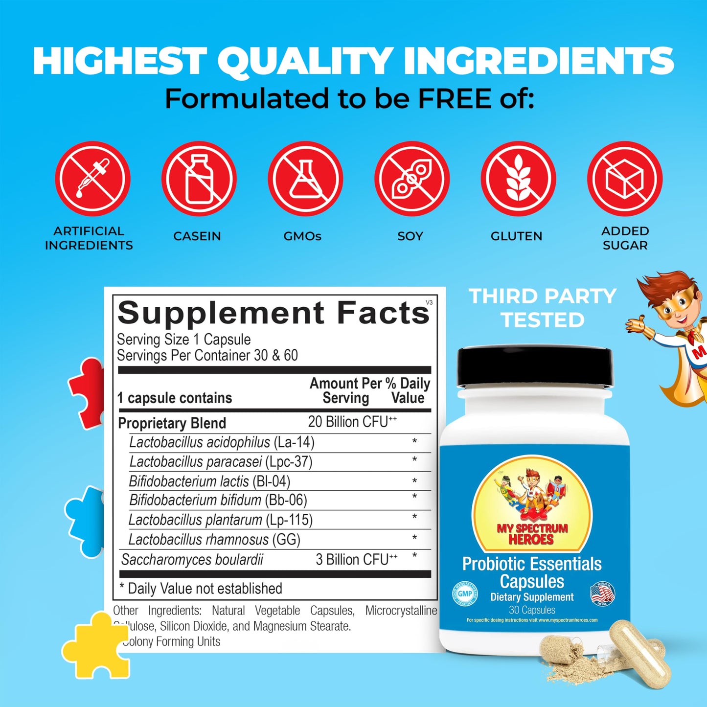 My Spectrum Heroes Probiotic Capsules for Digestive Health with 20 Billion CFUs, Diverse Strains, 30 Capsules