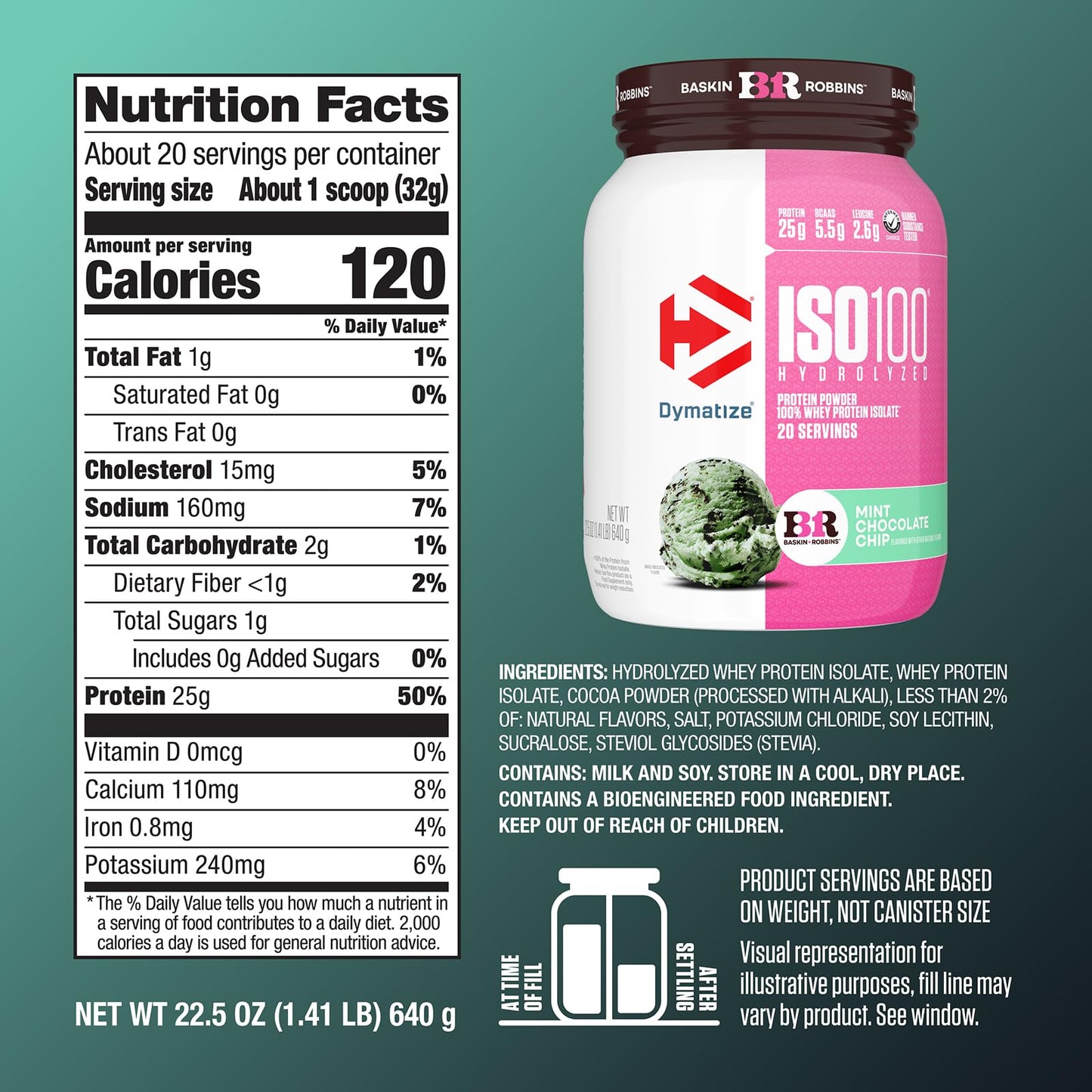 Dymatize ISO100 Whey Protein Isolate Powder, Mint Chocolate Chip, 1.4 lb