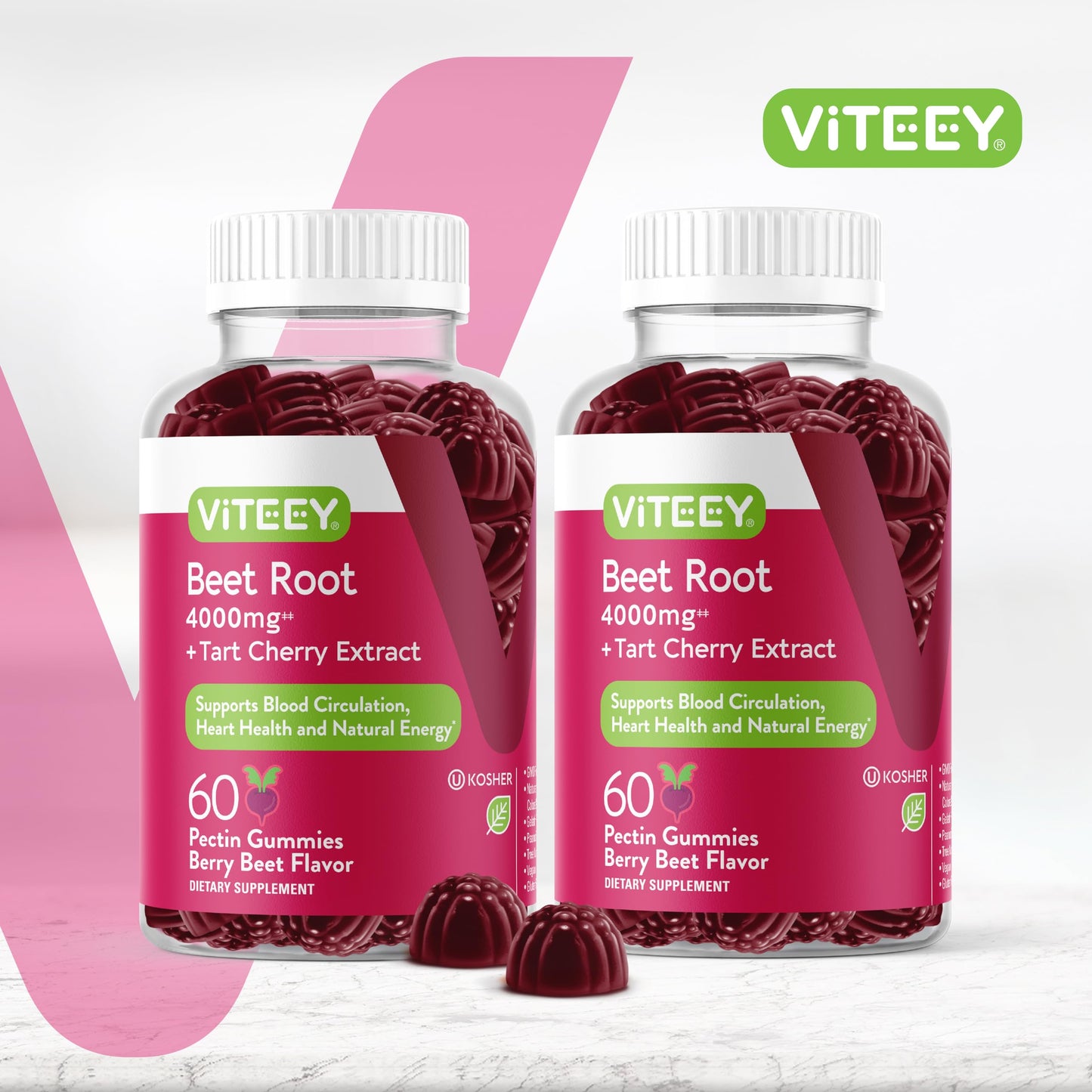 Viteey Beet Root Gummies 4000mg from 80mg of 50:1 Extract with Tart Cherry, Vegan, Gelatin Free, Gluten Free, 120 Gummies