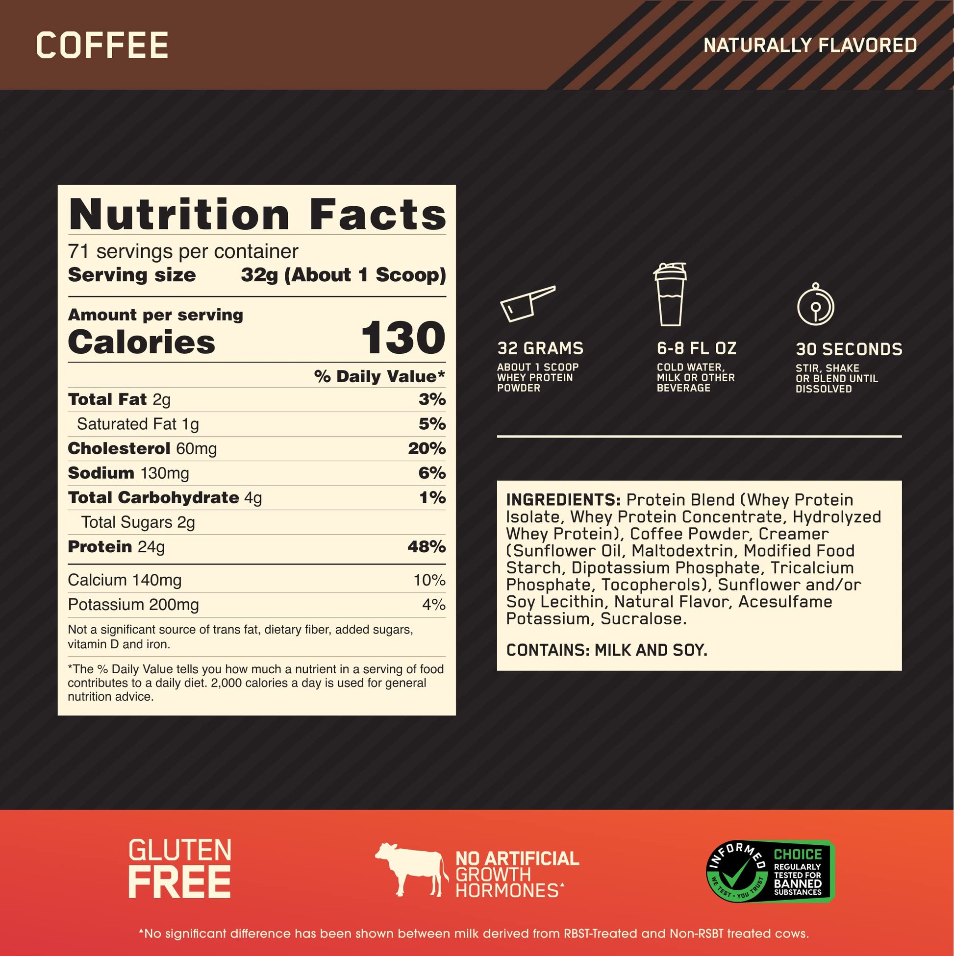 Optimum Nutrition Gold Standard 100% Whey Protein Powder Coffee 80 Servings 5 lb
