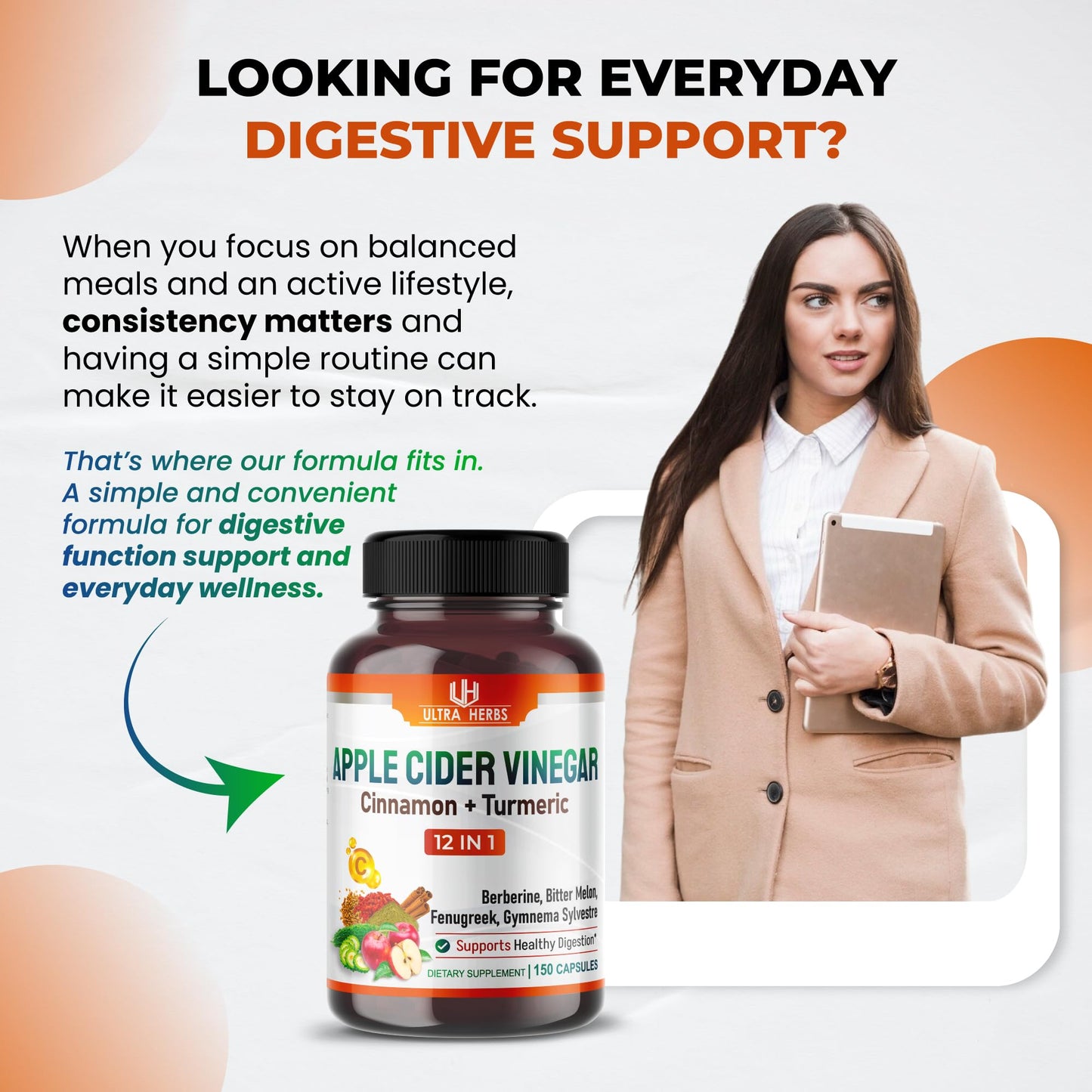 Ultra Herbs Organic Apple Cider Vinegar Capsules Enhanced with Cinnamon and Turmeric, 150 Capsules