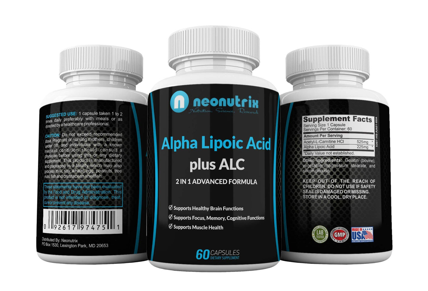 Neonutrix Nutrition, Science, Research Alpha Lipoic Acid Plus Acetyl L-Carnitine Antioxidant Supplement ALA ALC Capsule, 60 Count
