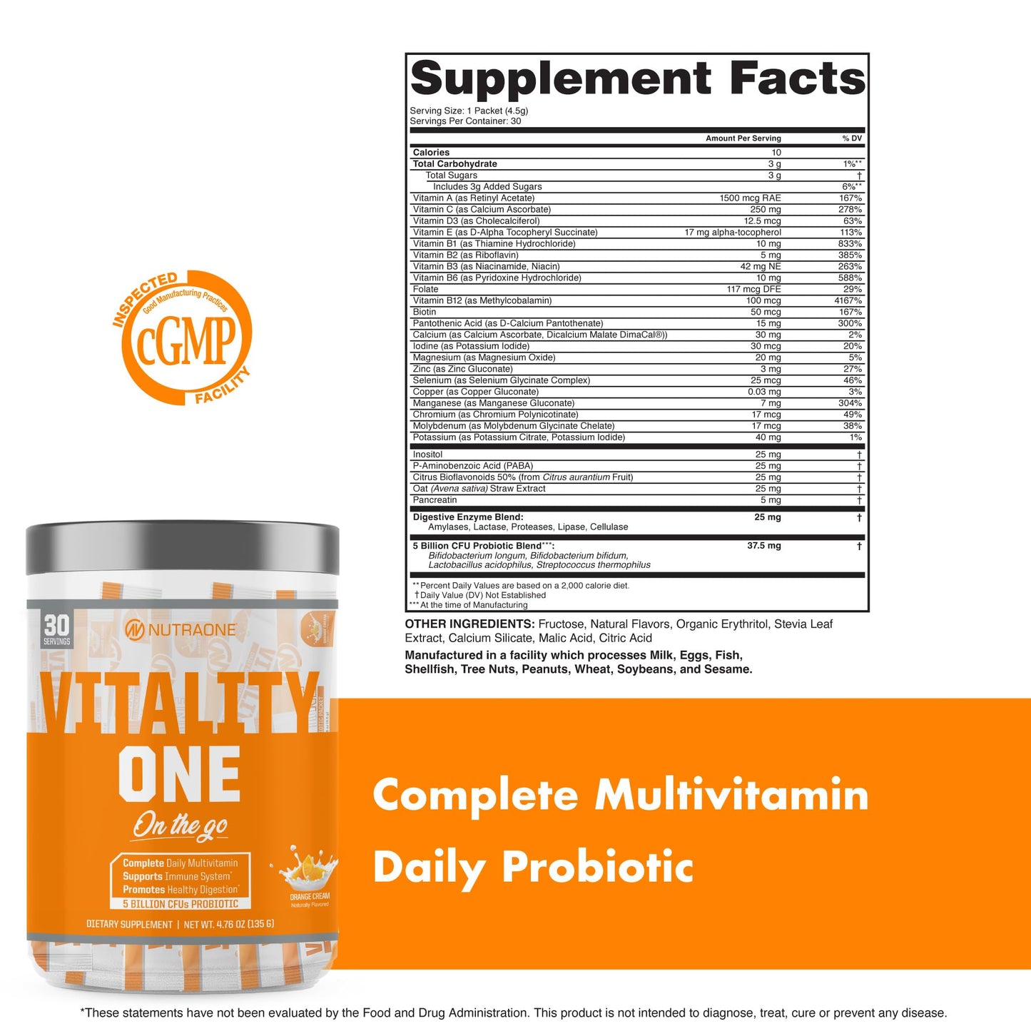 NutraOne VitalityOne On The Go Complete Multivitamin, Probiotic and Enzyme Blend Orange Cream Powder 4.76 Ounce