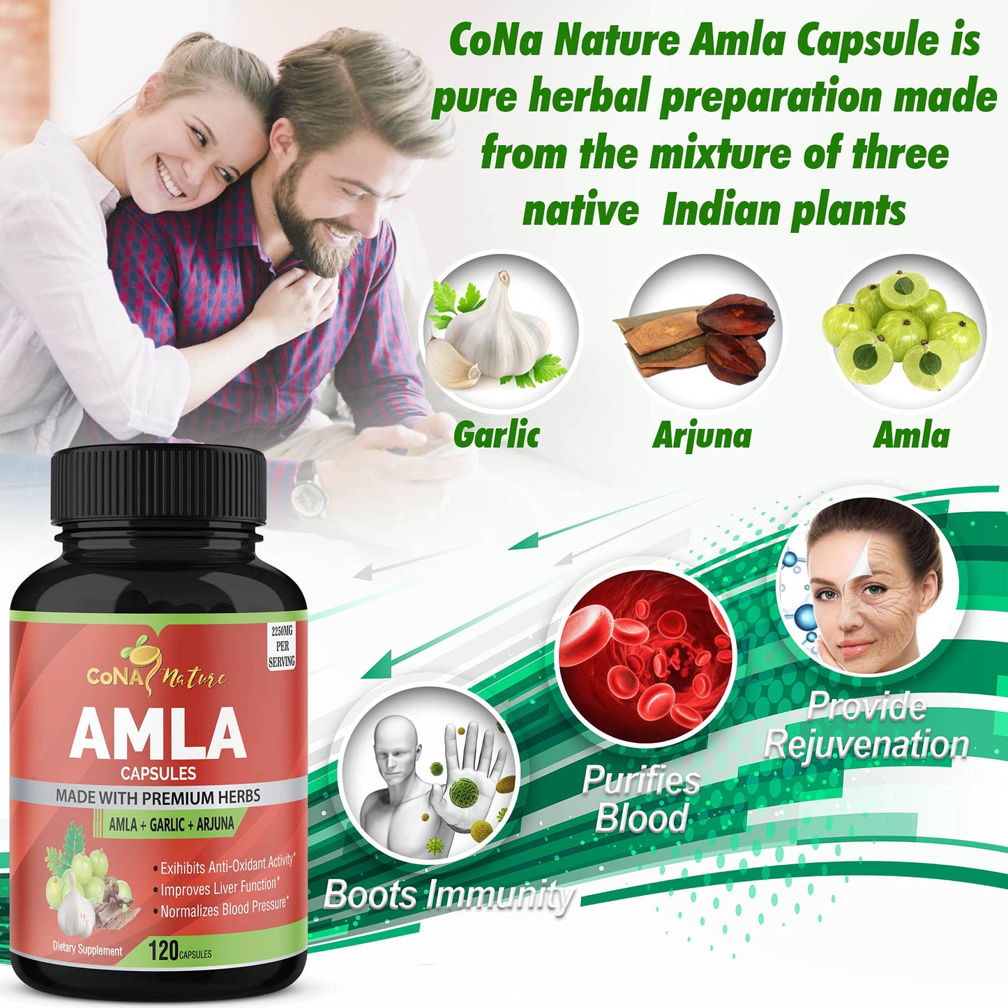 Cona Nature Organic Amla 2250mg with Arjuna & Garlic Capsules 120 Count