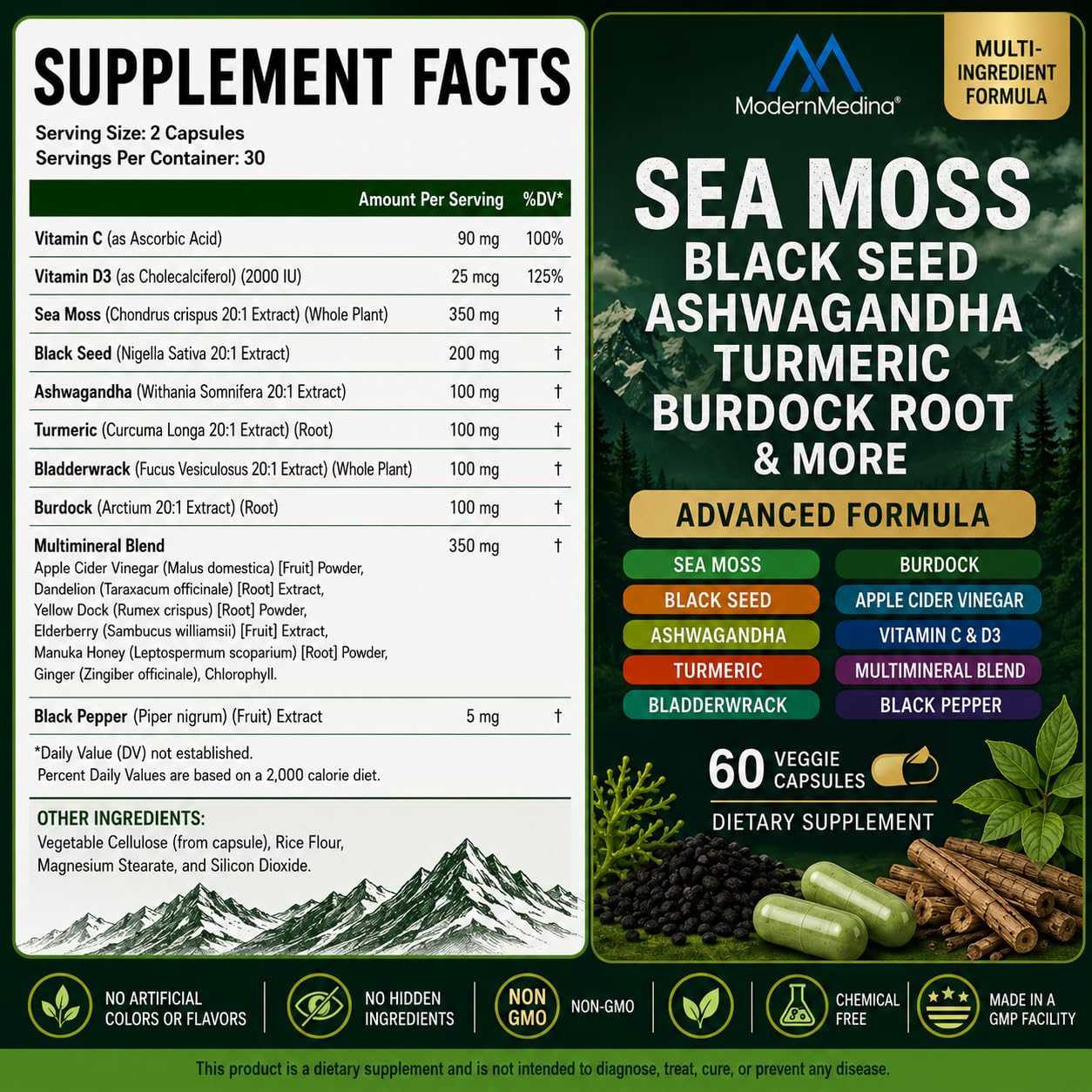 ModernMedina Sea Moss Herbal Supplement with Black Seed Oil, Ashwagandha & Ginger, 60 Capsules