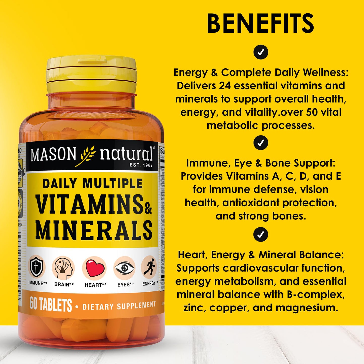 MASON NATURAL Daily Multiple Vitamins with Minerals, 24 Essential Nutrients for Overall Health, 60 Tablets