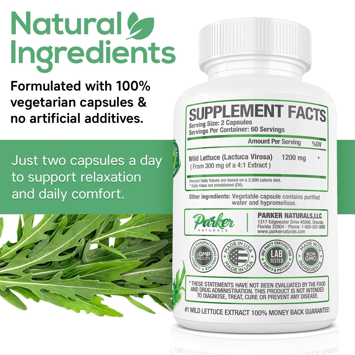 Parker Naturals Wild Lettuce Extract Herbal Sleep Supplement 1200mg, 4:1 Concentrated 120 Tablets