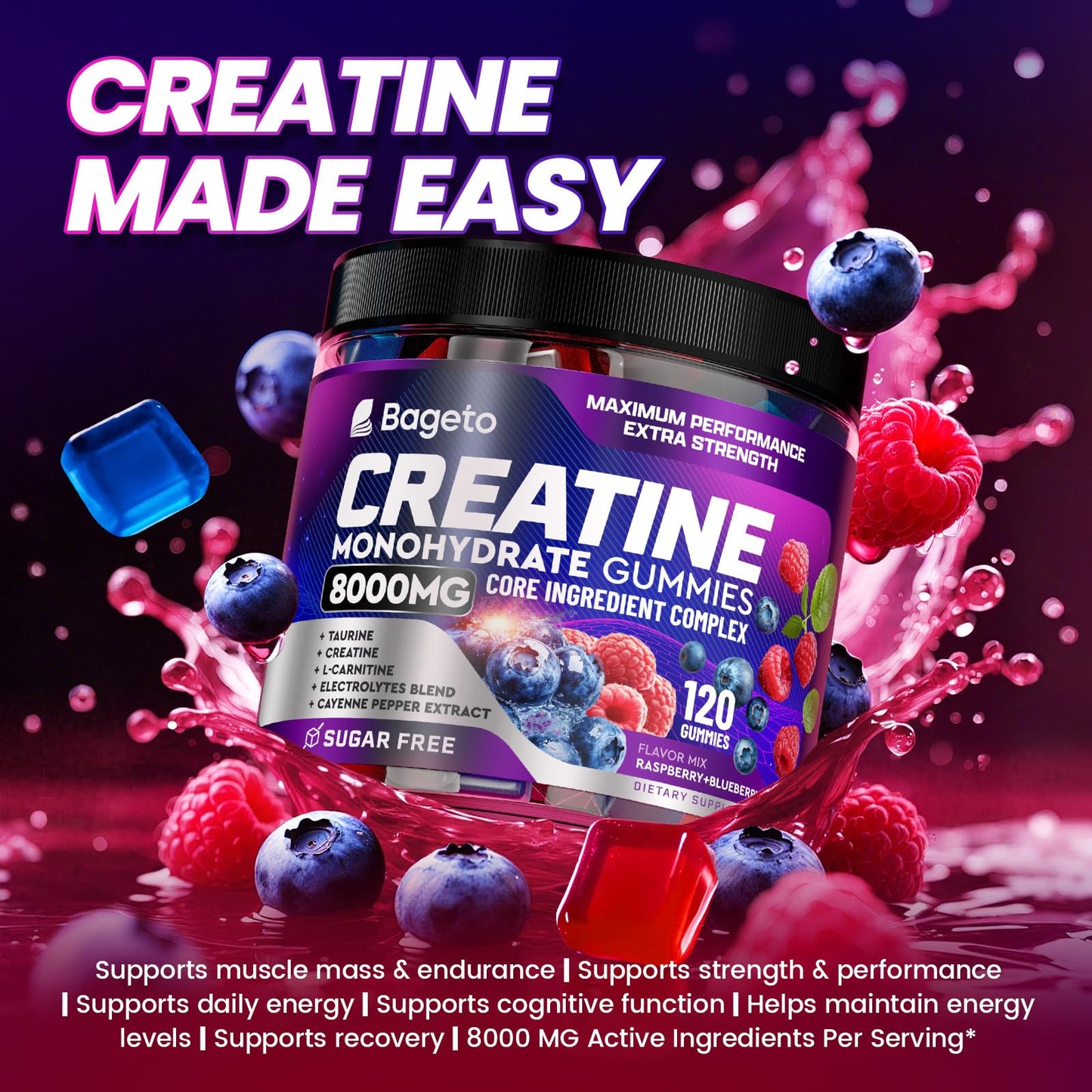 Bageto Creatine Gummies Complex + L-Carnitine + Taurine + Electrolytes, 120 Count