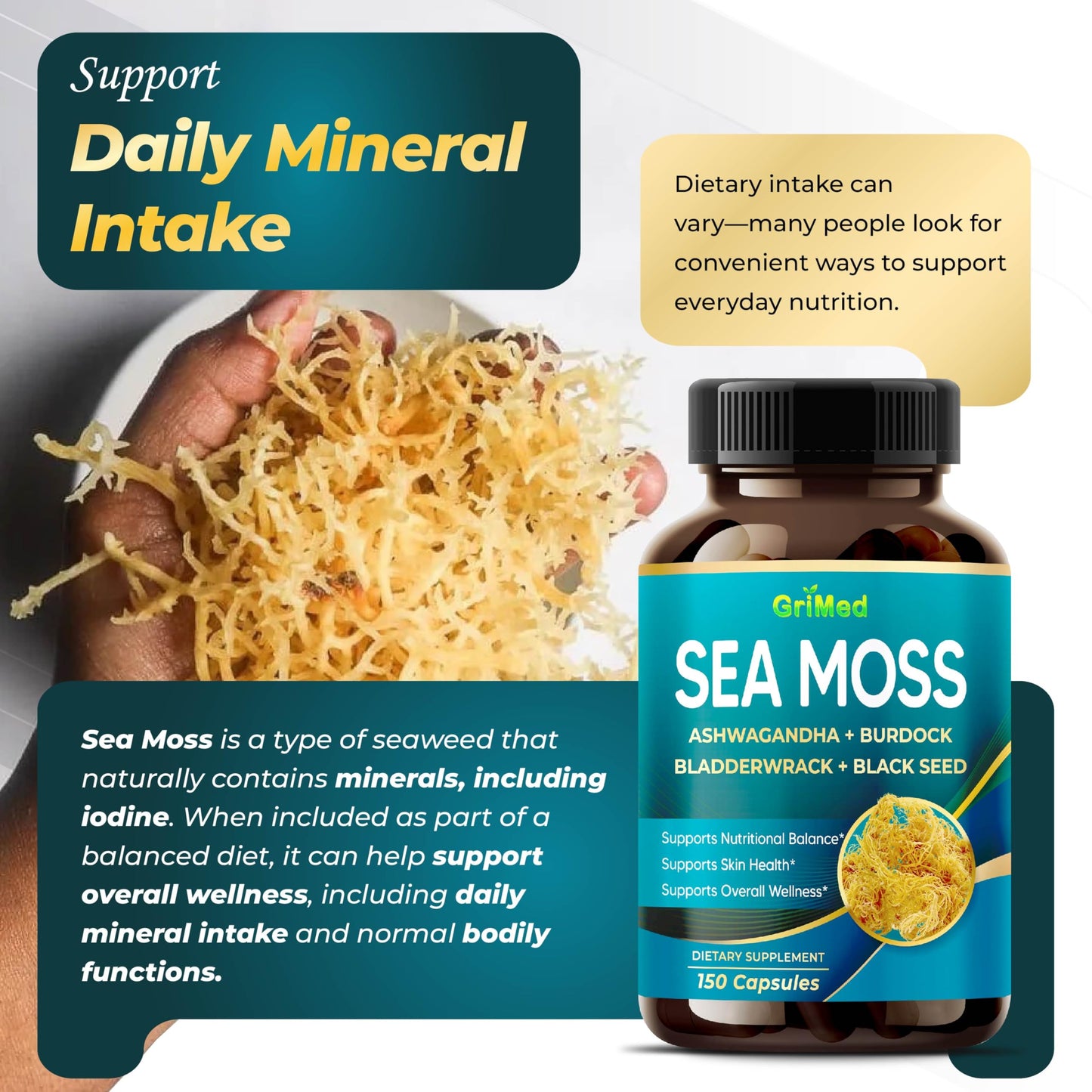 GriMed Sea Moss with Ashwagandha, Burdock Bladderwrack, Black Seed, 150 Capsules
