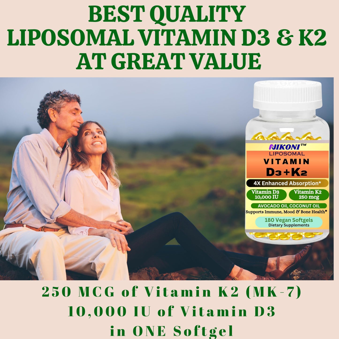 Nikoni Liposomal Vitamin D3 10000 IU & Vitamin K2 (MK-7) 250 mcg Softgels, 180 Count