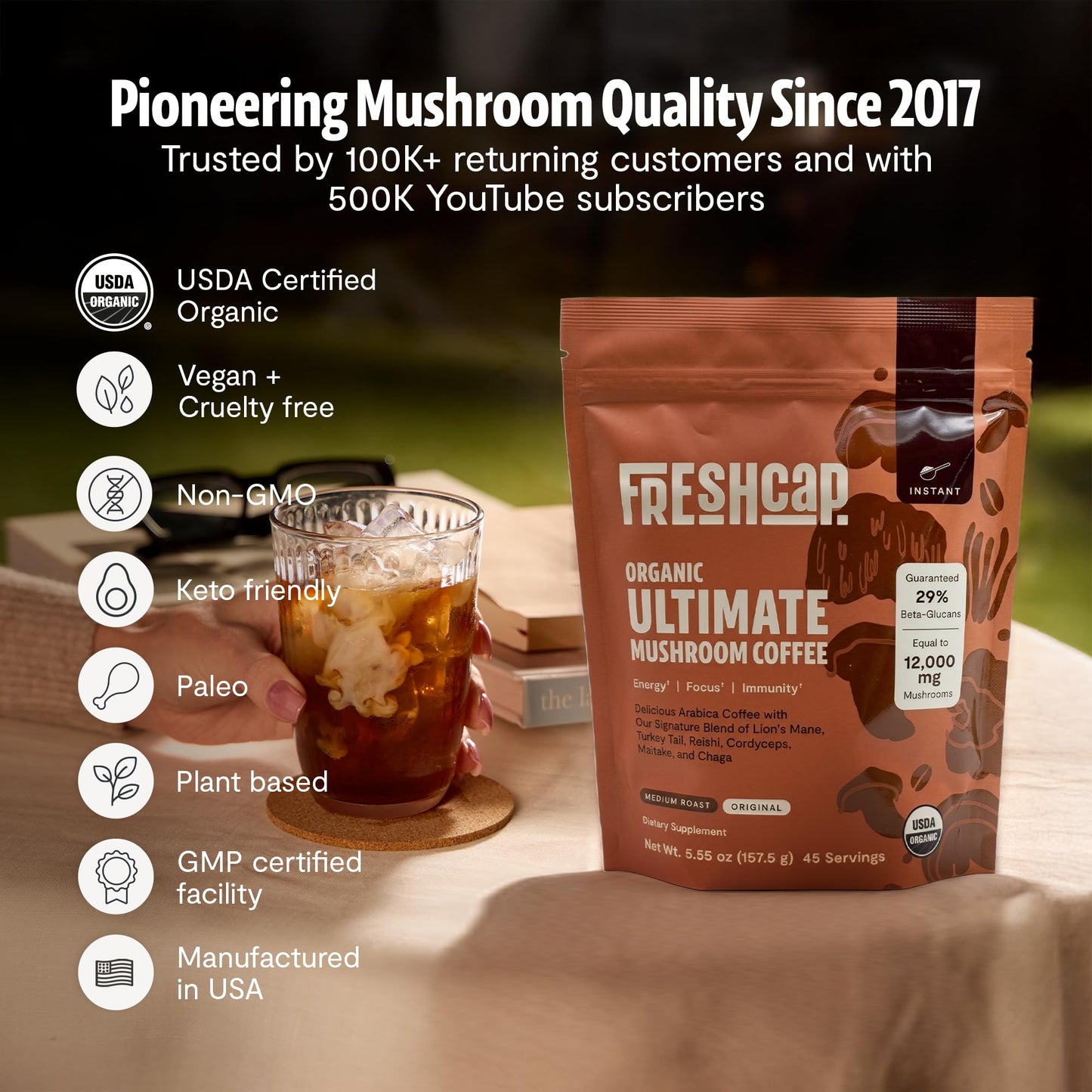 FreshCap Mushrooms Premium Organic Mushroom Coffee Powder 12:1 Fruiting Body Extract 29% Beta-Glucans 45 Servings