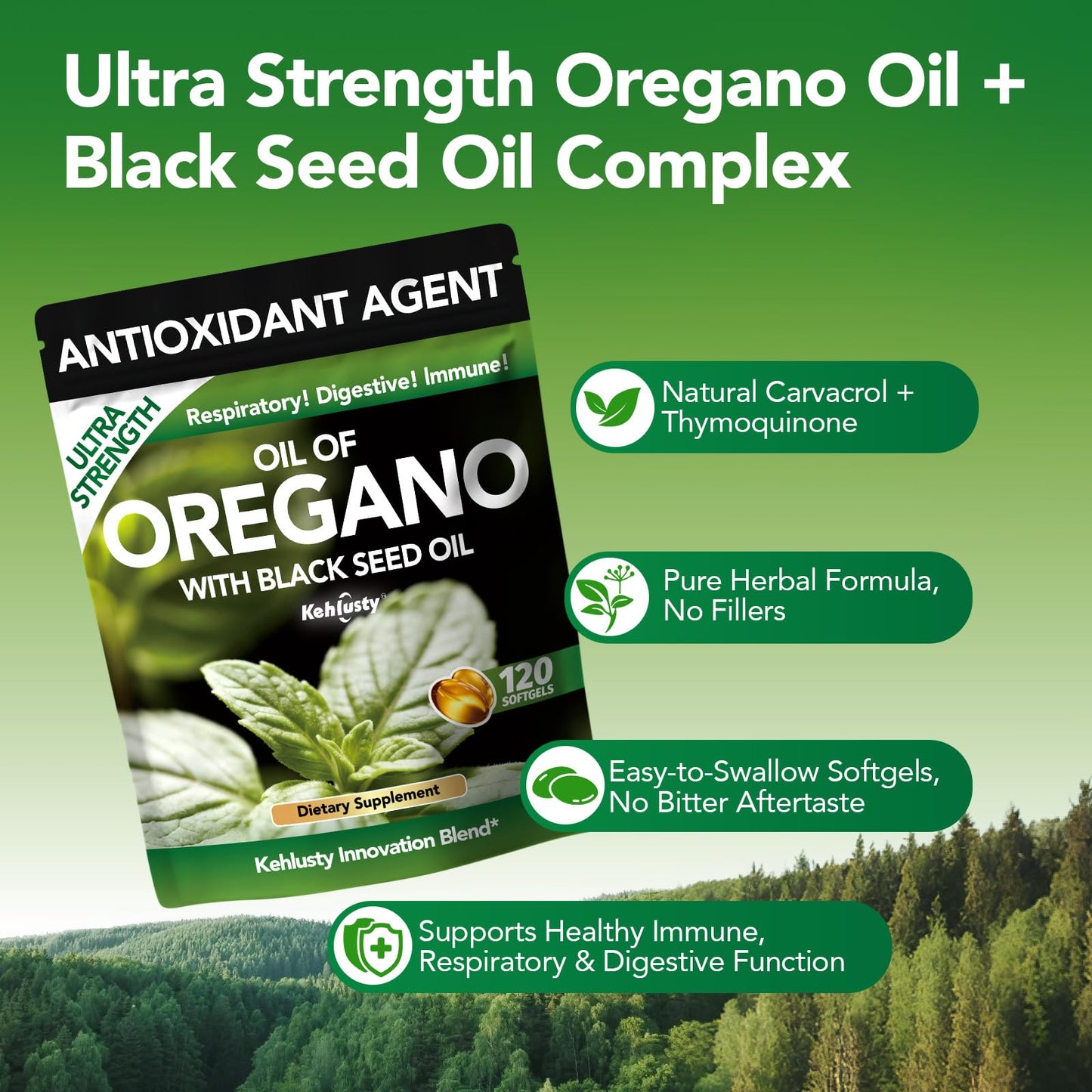 KEHLUSTY Oil of Oregano with Black Seed Oil Softgels, Organic, 4X Strength Carvacrol and Thymoquinone, Immune Support, Digestive Health, Respiratory Wellness, Non GMO, 120 Count