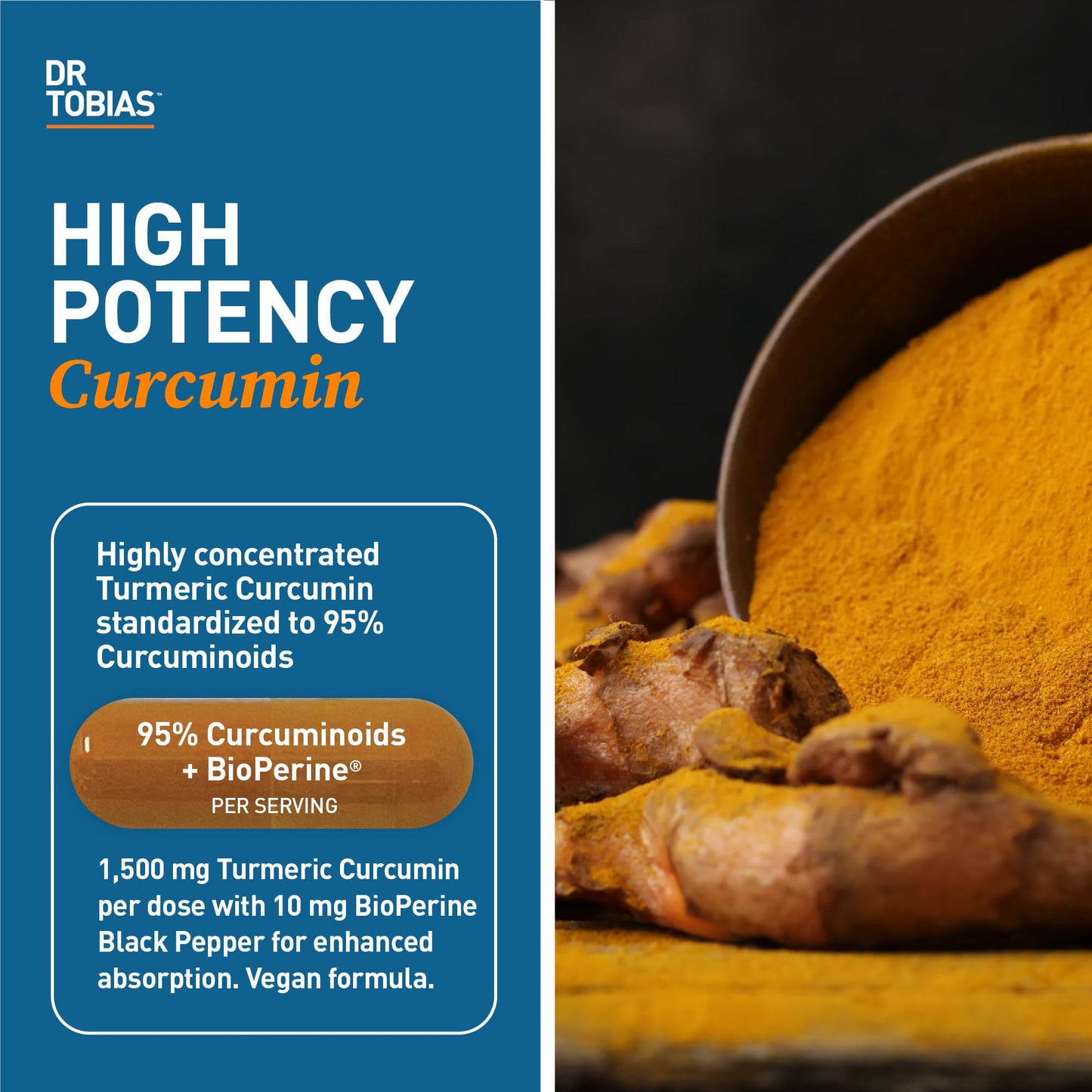 Dr. Tobias Turmeric Curcumin 1500mg with BioPerine – Extra Strength Supplement with 95% Curcuminoids for Joint Support, Overall Vitality & Immune Health, 120 Vegan Capsules, Non-GMO