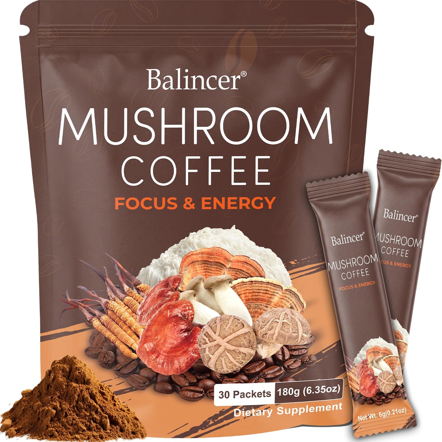 Balincer Mushroom Coffee Powder, 6 Adaptogenic Mushrooms (Lion's Mane, Cordyceps, Turkey Tail) for Focus, Energy, and Gut Health, 6.35 oz