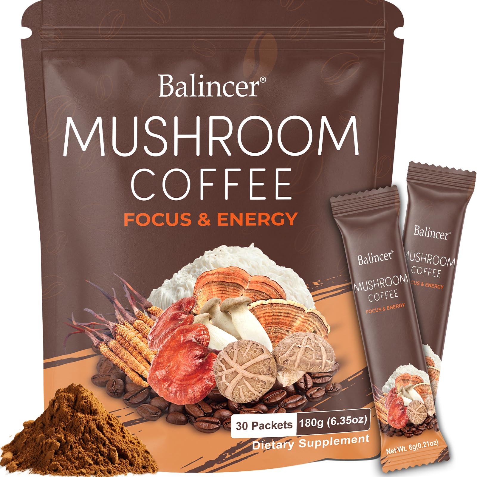 Balincer Mushroom Coffee Powder, 6 Adaptogenic Mushrooms (Lion's Mane, Cordyceps, Turkey Tail) for Focus, Energy, and Gut Health, 6.35 oz