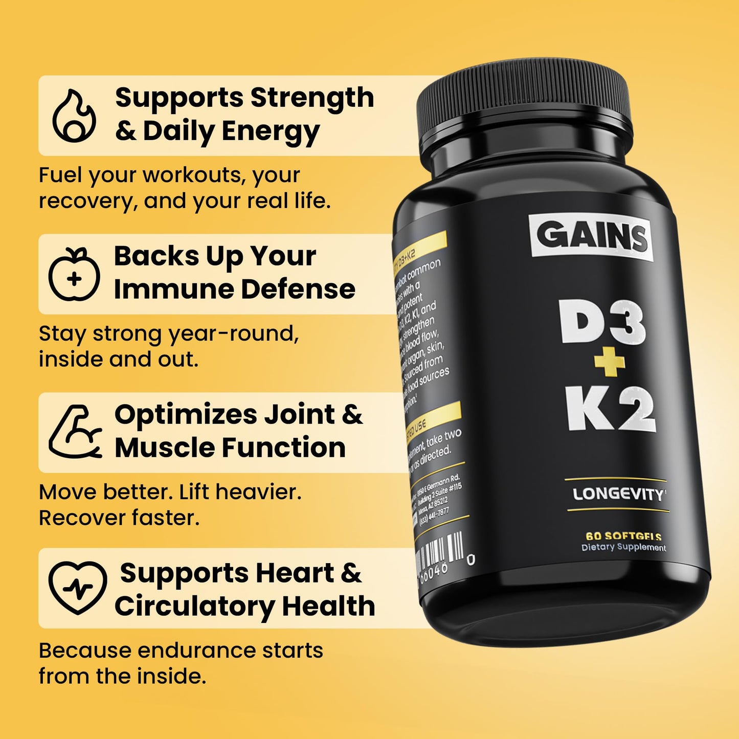 Gains in Bulk D3 K2 Supplement Softgels 6 Count