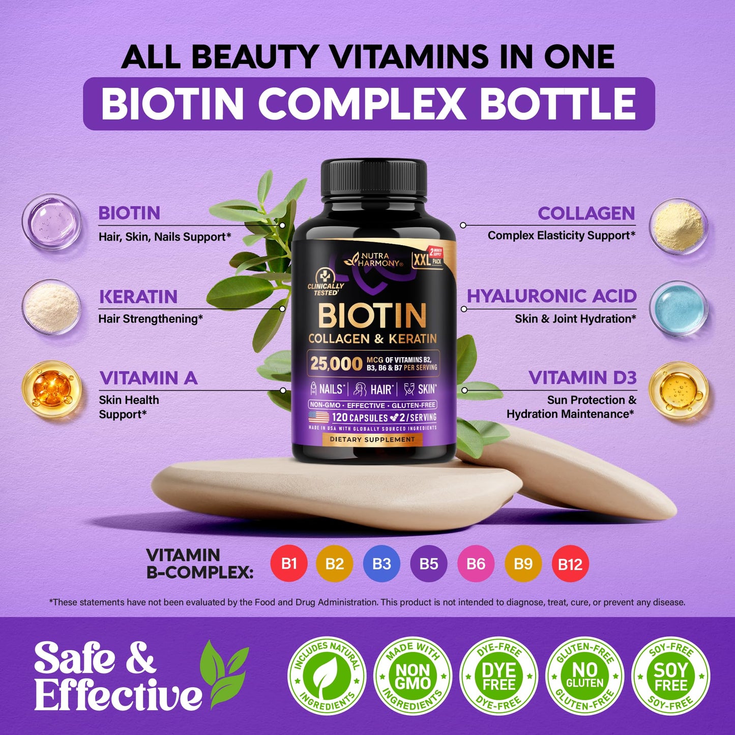 NUTRAHARMONY Biotin Collagen Hyaluronic Acid Keratin Vitamin B Complex Supplement Capsules 120 Count
