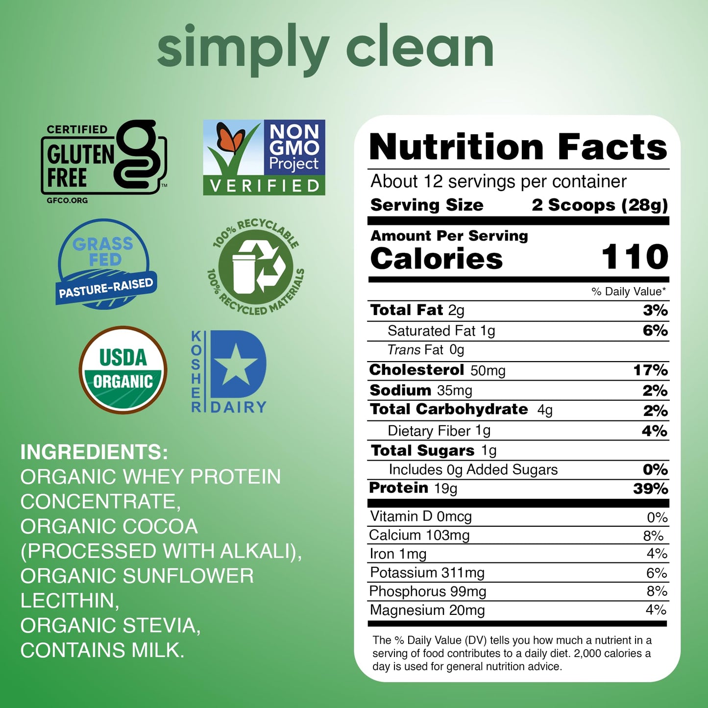Simply Tera's Organic Whey Protein Powder, Grass Fed, Dark Chocolate, 12 oz