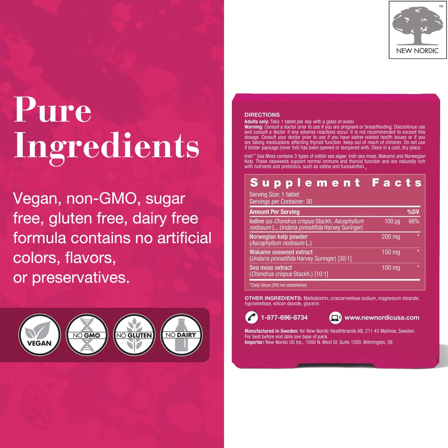 NEW NORDIC Irish Sea Moss Extract, Tri-Algae Complex with Norwegian Kelp and Wakame Seaweed, Tablet, 30 Tablets