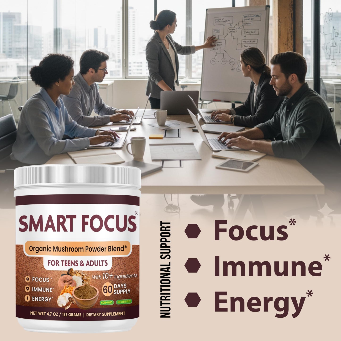 Smart Focus Lion’s Mane Mushroom Powder Organic, Chaga, Reishi & Cordyceps — Mushroom Chocolate Powder — Brain Health & Focus Support — 4 oz