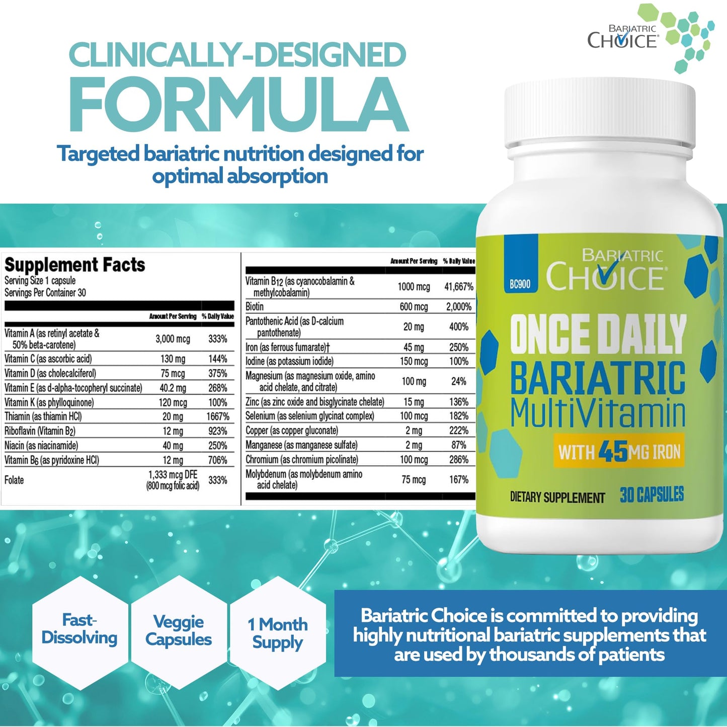 Bariatric Choice Once-Daily Bariatric Multivitamin Capsule with 45 mg Iron, 30 Count