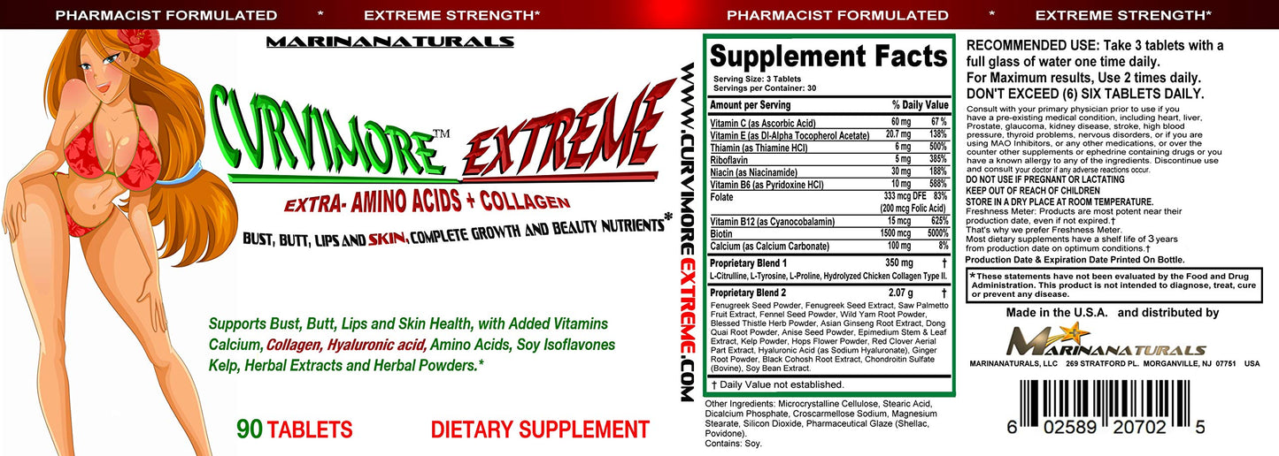 EXTREMELY NATURALS CURVIMORE Extreme 5-in-1 Strength Pills for Breast & Butt Enhancement, Lip Plumping & Skin Tightening, 90 Tablets