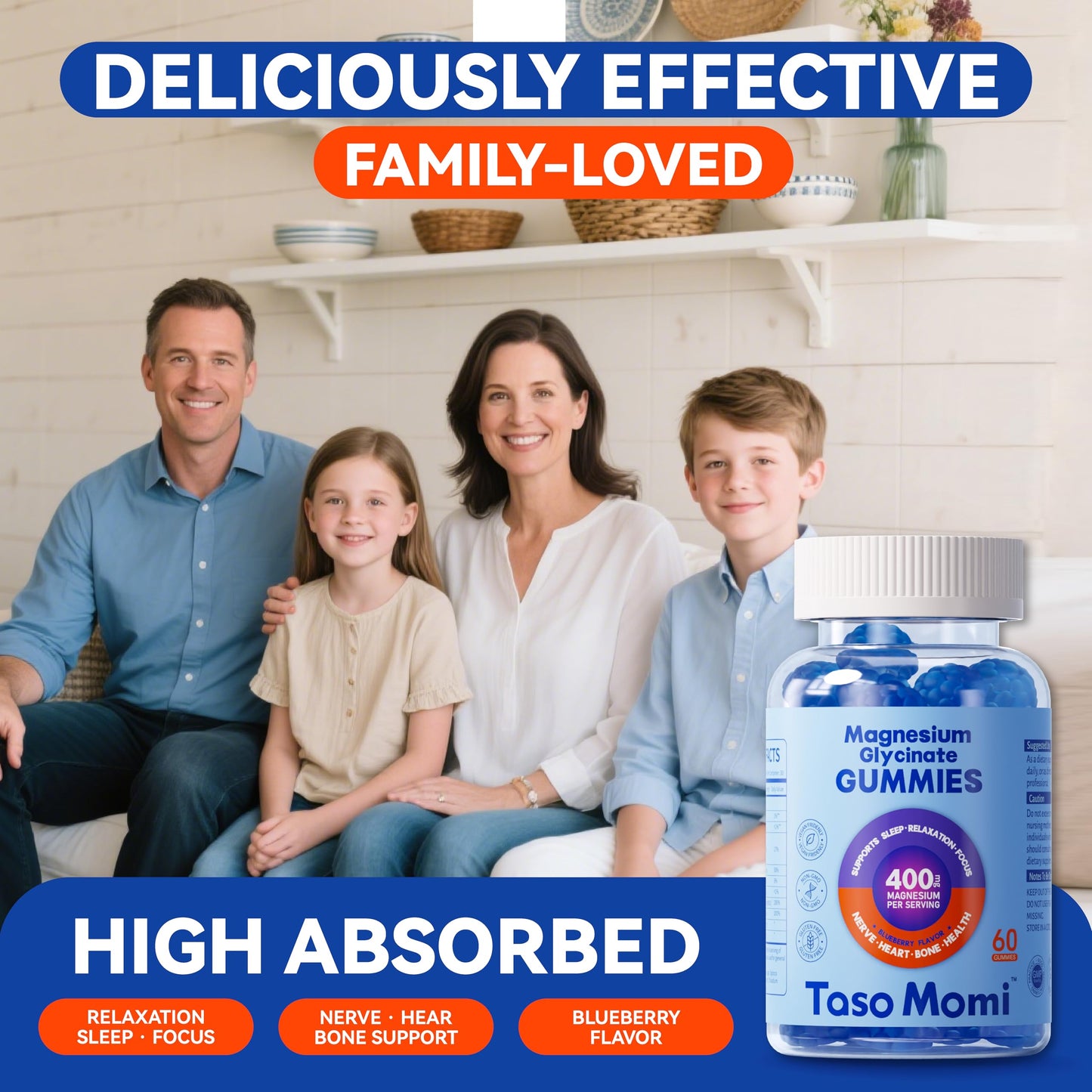 TasoMomi Magnesium Glycinate Gummies 400mg Sugar Free Vegan Chewable for Adults & Kids - High Absorption to Support Sleep, Muscle, Bone, and Cognitive Health with Vitamin D3, B6, C, CoQ10, 60 Blueberry Gummies