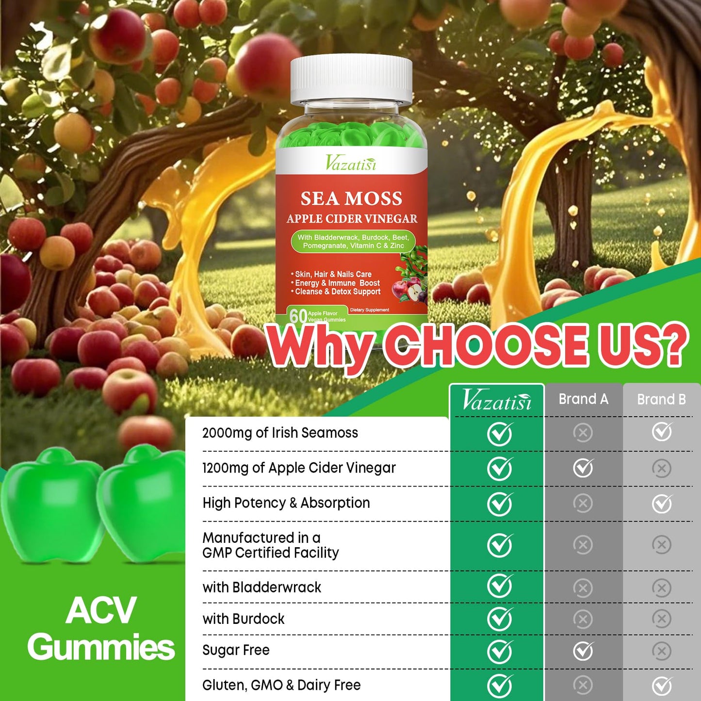 Vazatisi Apple Cider Vinegar Gummies with Sea Moss 60 Count