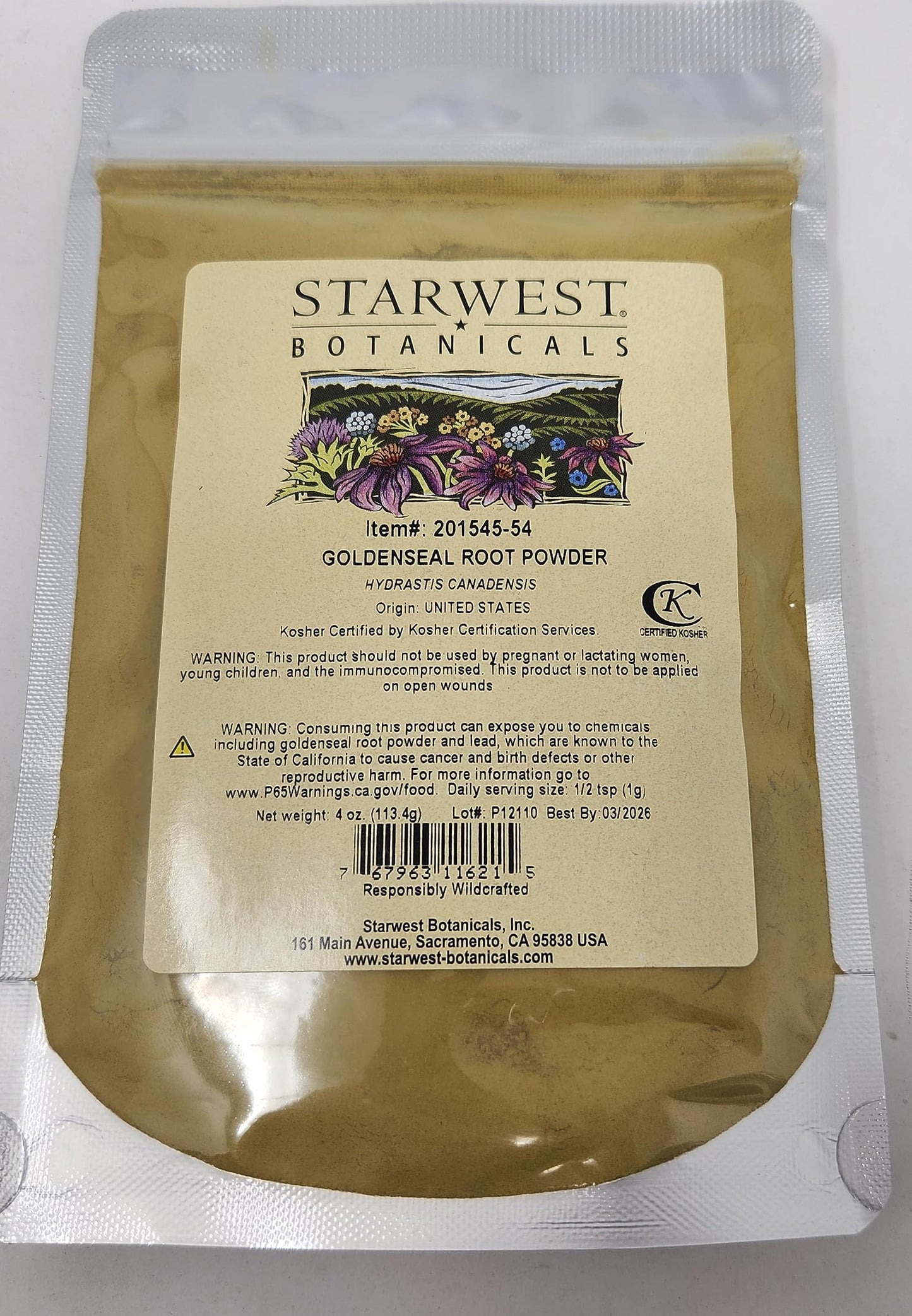 Starwest Botanicals Goldenseal Root Powder Wildcrafted, 4 oz
