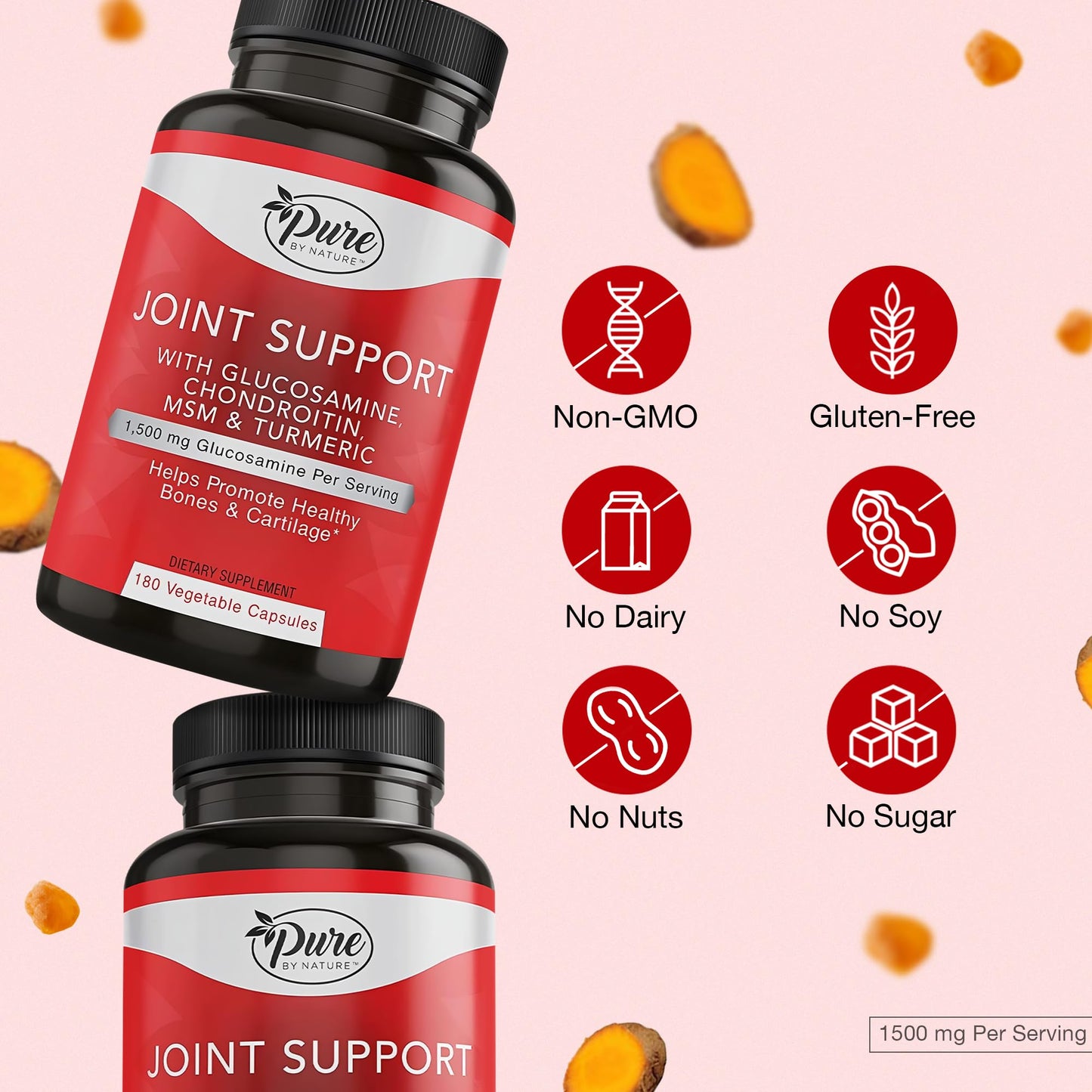 Pure By Nature Joint Support Glucosamine with Chondroitin Turmeric MSM Boswellia Supplement, 180 Capsules