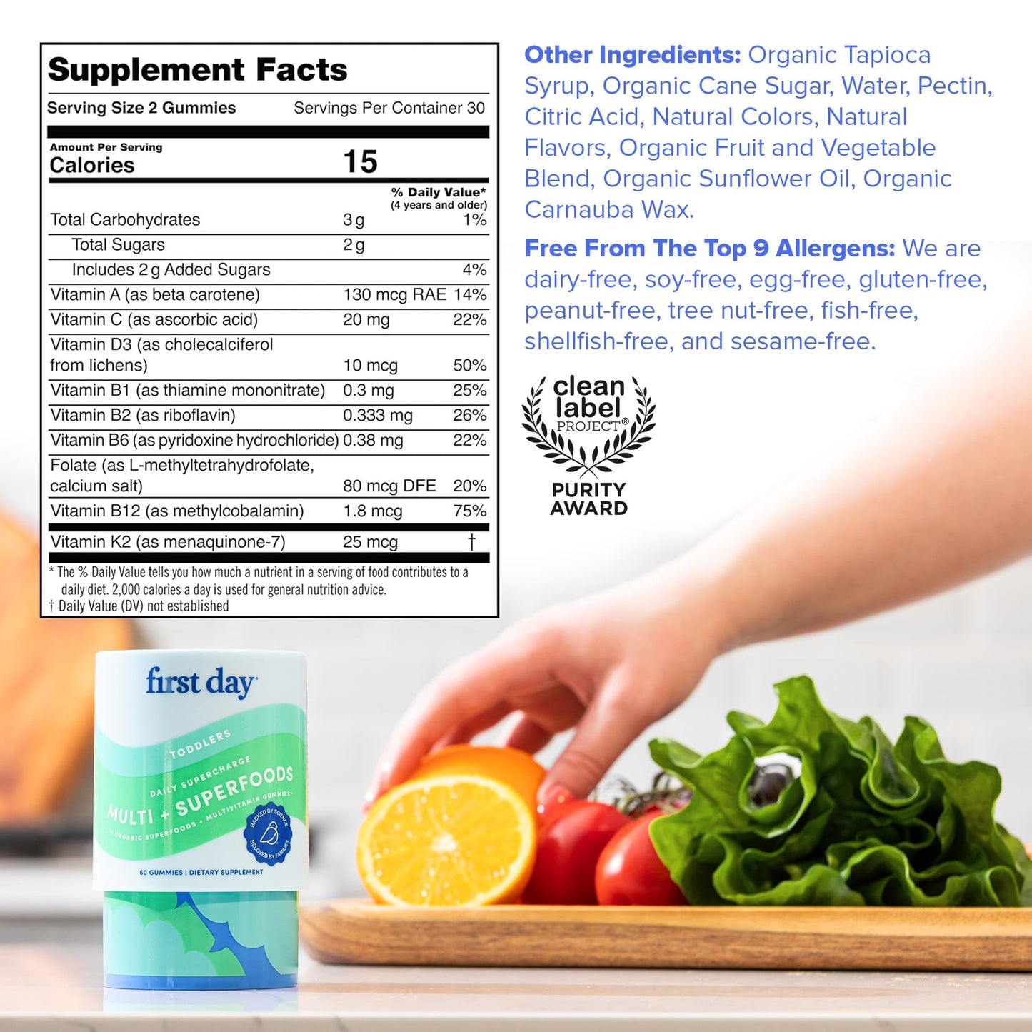 FIRST DAY Toddler Multivitamin Gummies (Ages 2-3)| Kids Multivitamin Gummies with Vitamins A C D3, B2, B12, Choline, Folate and 21 Organic Superfoods| (30 Day Supply)