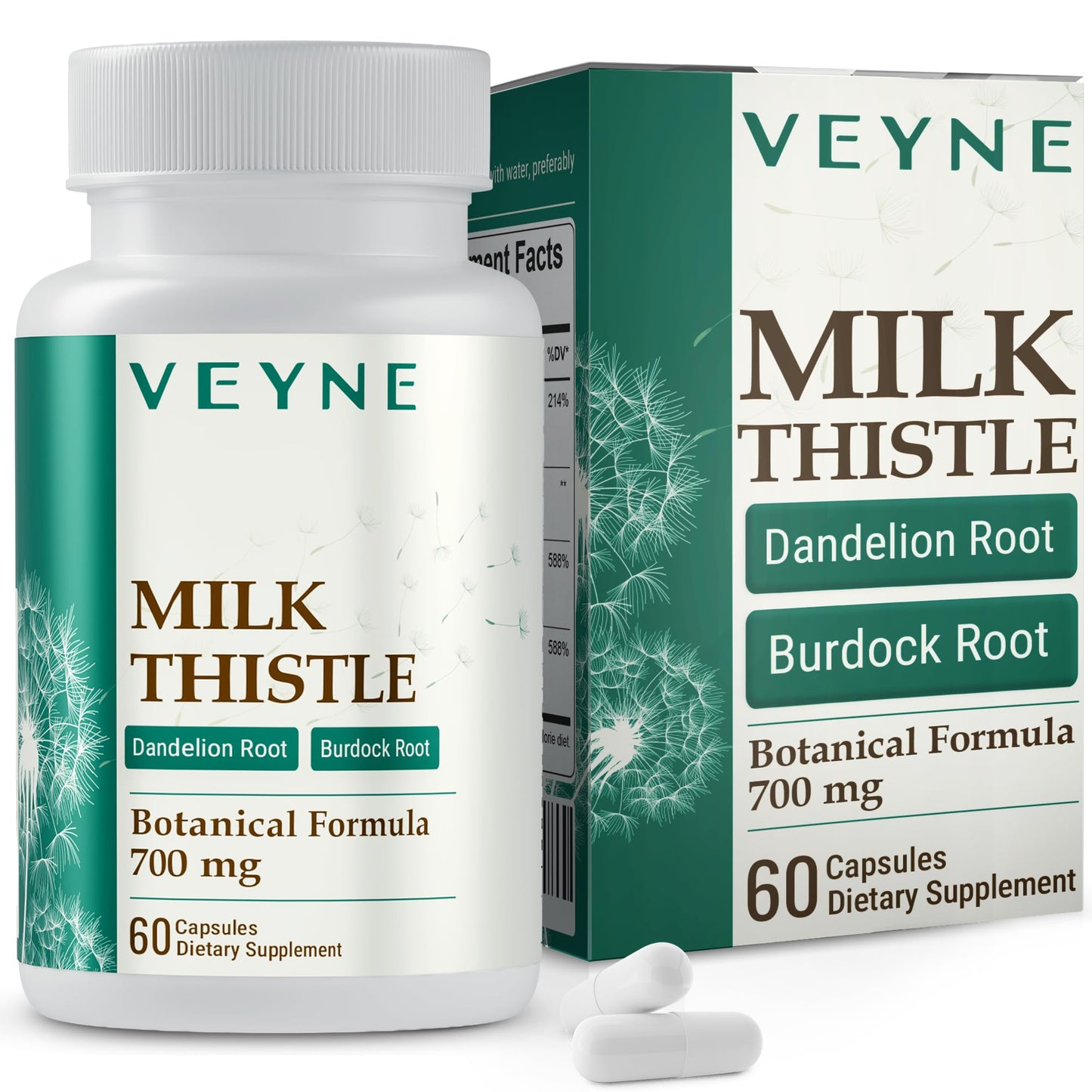 VEYNE Milk Thistle Supplement 80% Silymarin (240mg Active) with Dandelion Root Extract 10:1 & Burdock Root 20:1 – Liver Support – Capsules, 60 Capsules