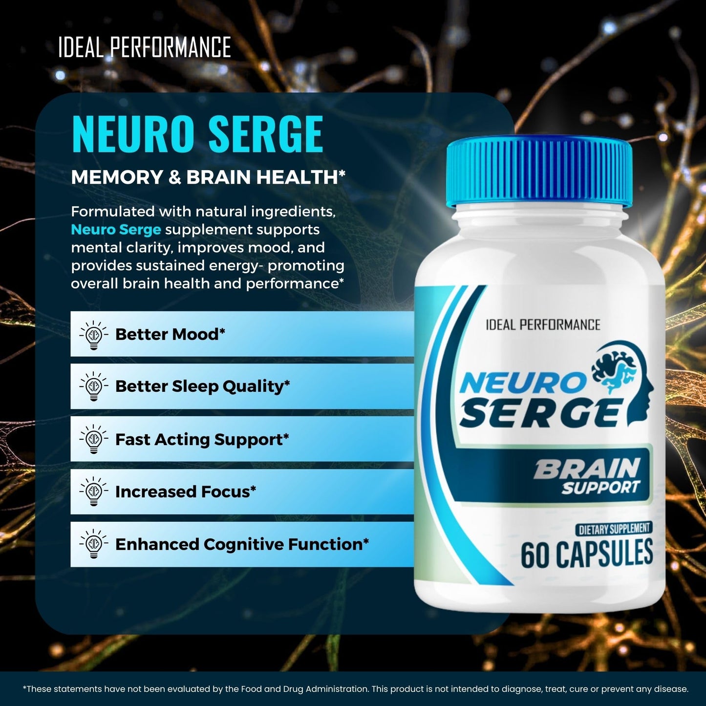 IDEAL PERFORMANCE Neuro Serge Brain Supplements for Memory and Focus Capsules, 180 Count