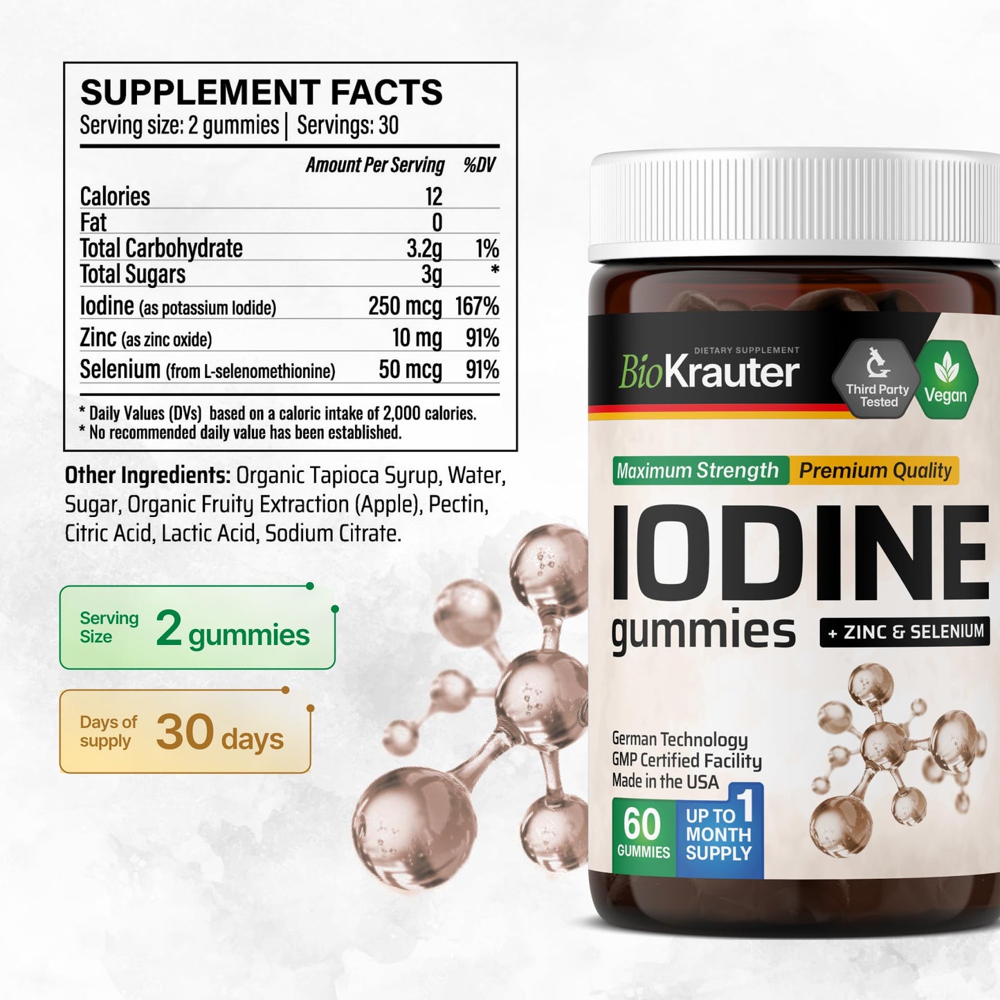 BIO KRAUTER Iodine with Zinc & Selenium for Thyroid Support Gummies 60 Gummies