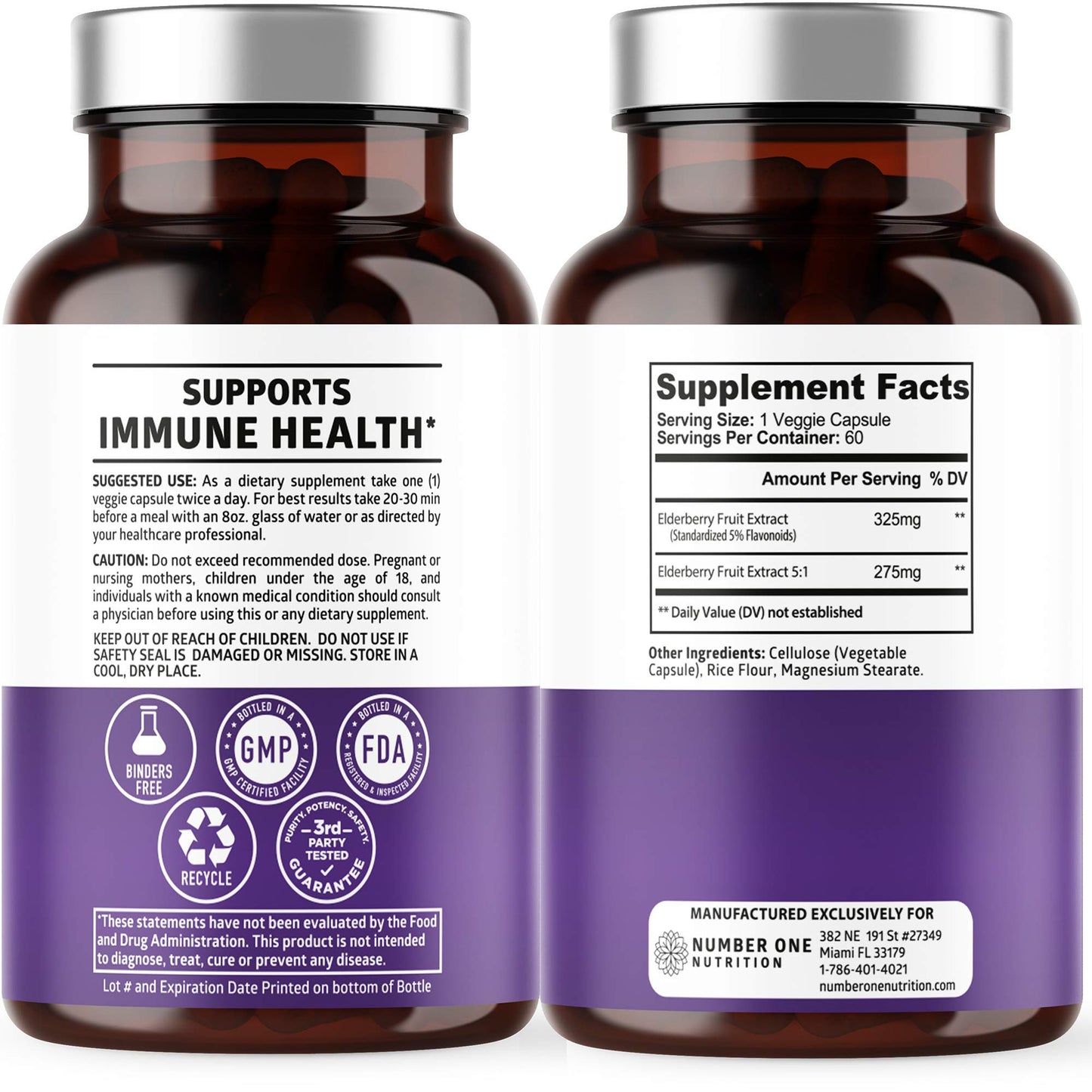 Number One Nutrition N1N Premium Black Elderberry Capsules, 120 Capsules